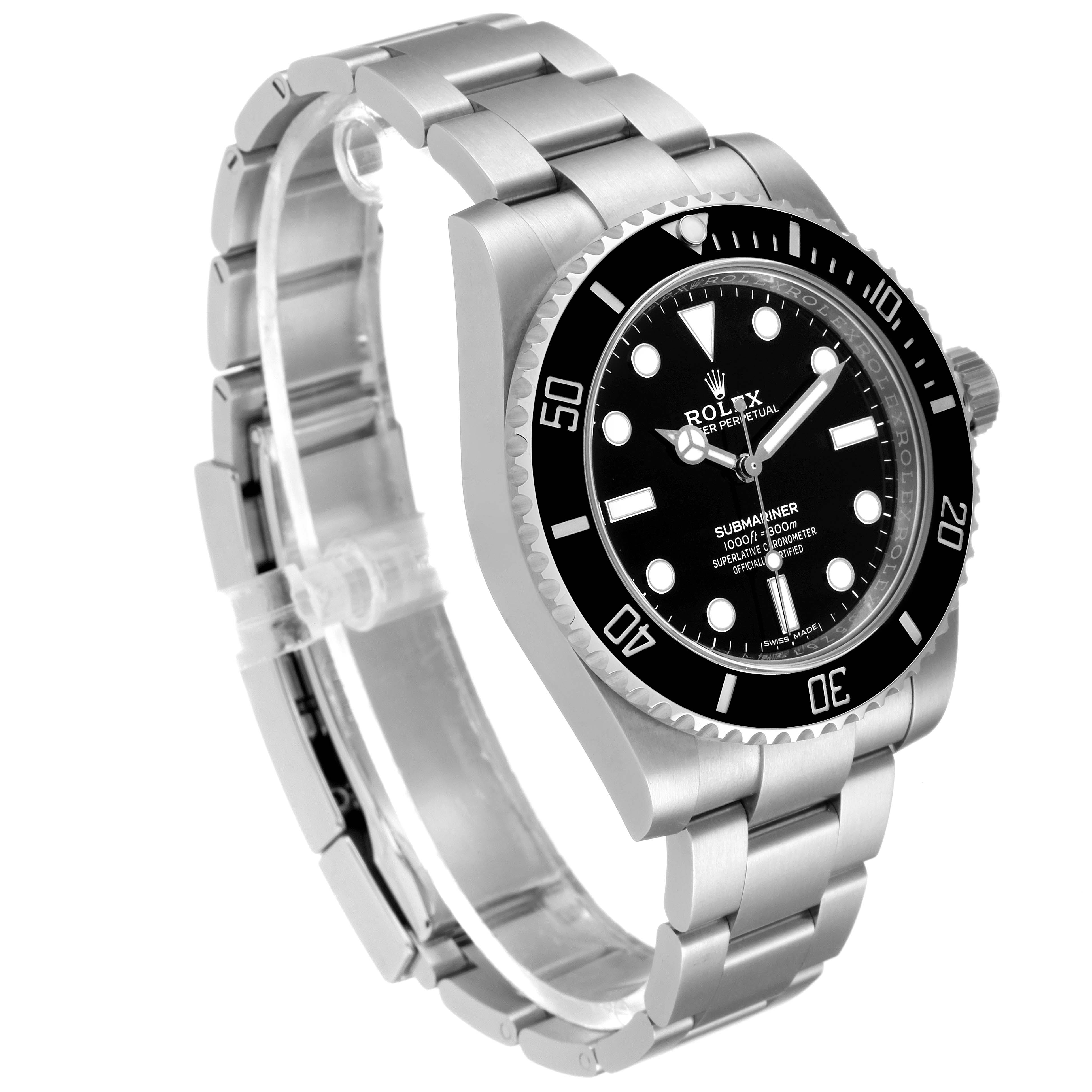 The image shows a Rolex Submariner 114060 Men's Stainless Steel Black Dial 114060 Men's Stainless Steel Black Dial watch at an angled view, highlighting the dial, bezel, and bracelet.