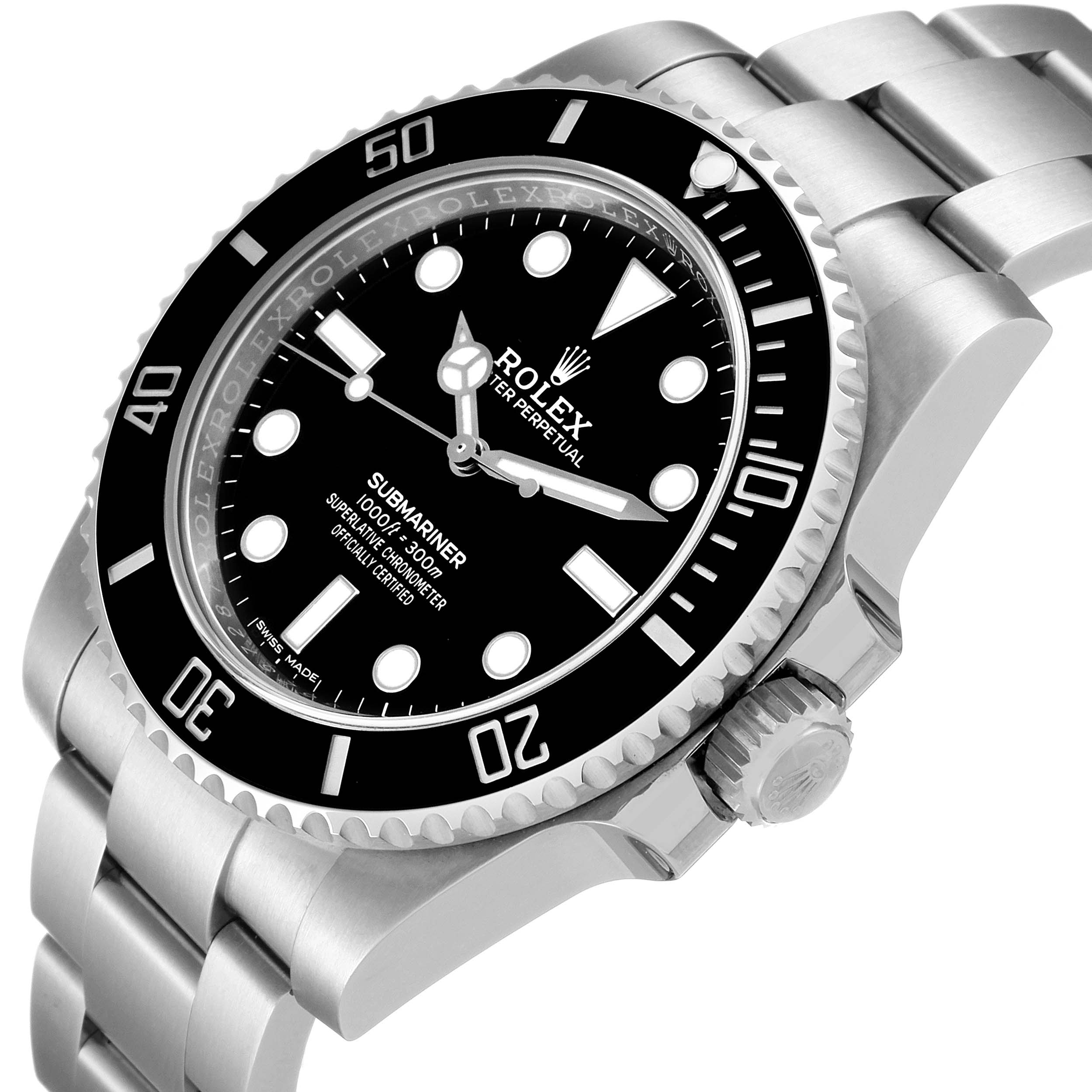The Rolex Submariner 114060 Men's Stainless Steel Black Dial 114060 Men's Stainless Steel Black Dial watch is shown at an angled side view, highlighting the dial, bezel, crown, and bracelet.