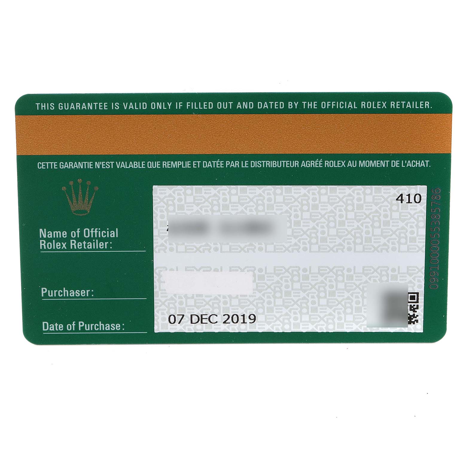This is a warranty card for the Rolex Submariner 114060 Men's Stainless Steel Black Dial 114060 Men's Stainless Steel Black Dial model, showing details like the retailer, purchaser, and date of purchase.