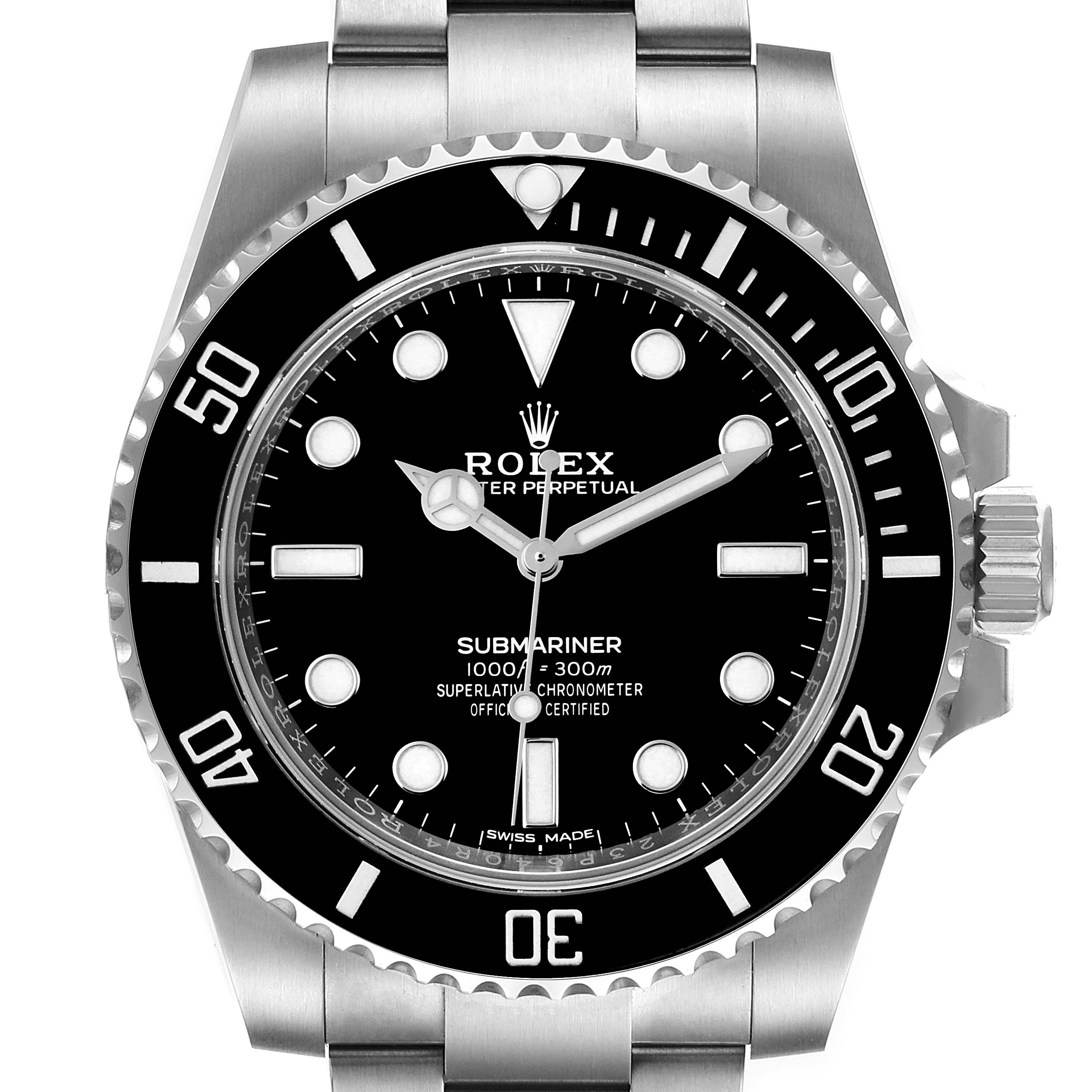 The image shows a front view of a Rolex Submariner 114060 Men's Stainless Steel Black Dial 114060 Men's Stainless Steel Black Dial watch displaying its black dial, bezel, and stainless steel bracelet.