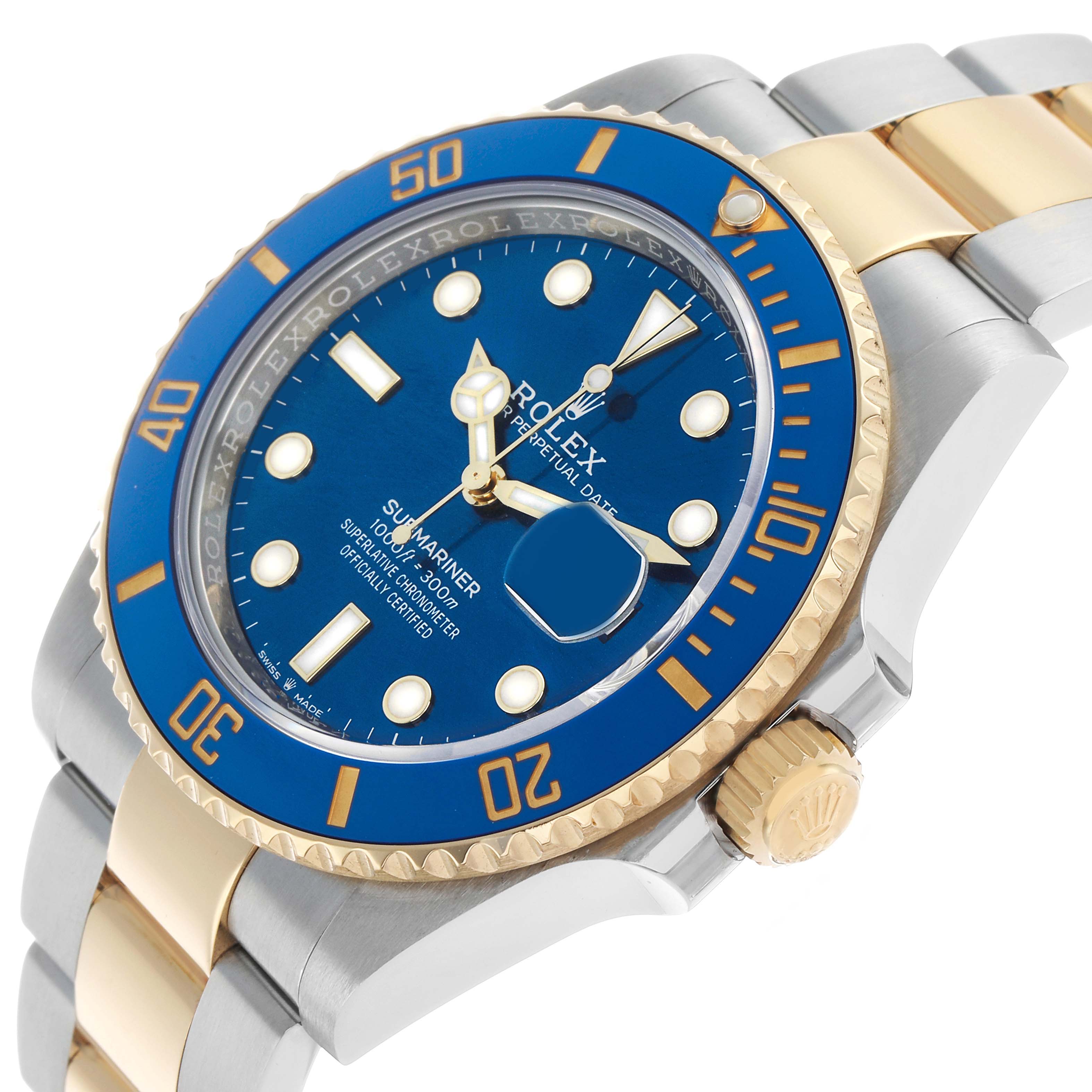The Rolex Submariner 126613 Men's Steel and Gold (two tone) Blue Dial watch is shown at an angled view, highlighting the blue bezel, dial, crown, and part of the bracelet.