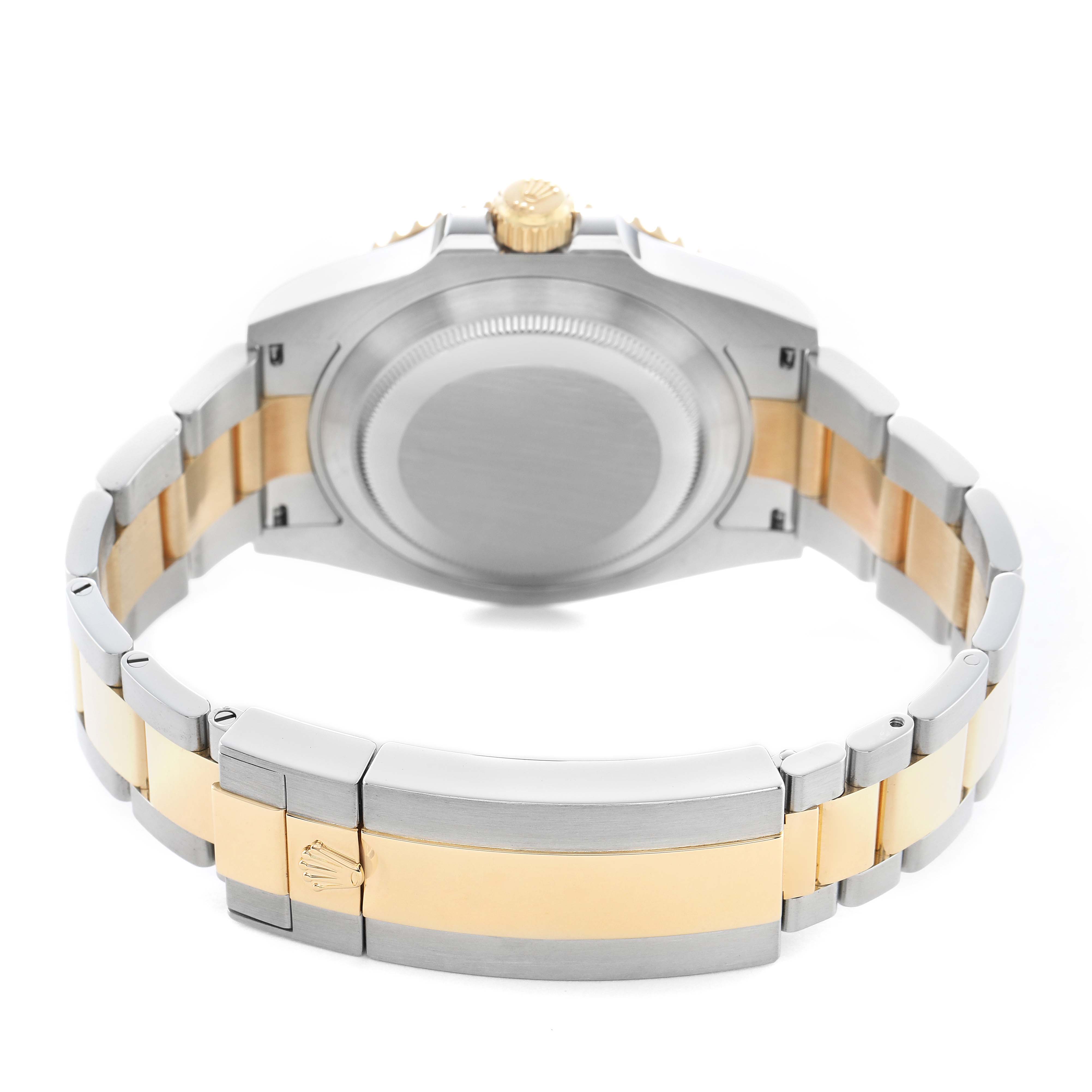 The image shows the back and bracelet of a Rolex Submariner 126613 Men's Steel and Gold (two tone) Blue Dial, highlighting the clasp and crown.