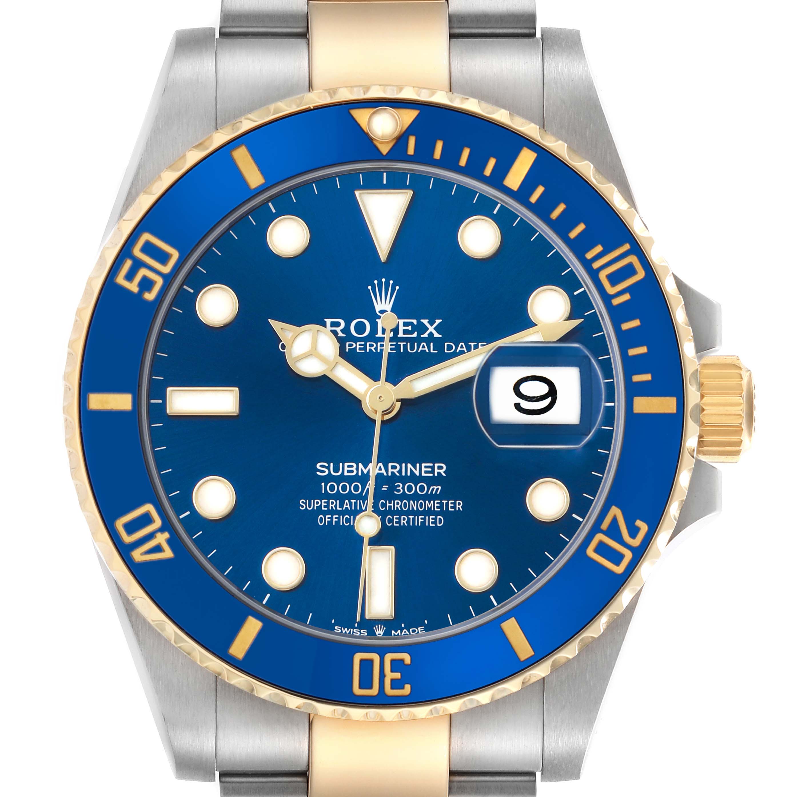 The image shows a front view of a Rolex Submariner 126613 Men's Steel and Gold (two tone) Blue Dial, highlighting its blue dial, gold accents, and date window.