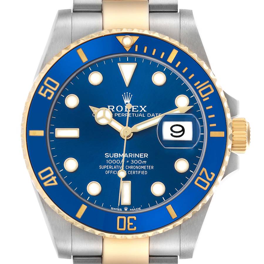 The image shows a front view of a Rolex Submariner 126613 Men's Steel and Gold (two tone) Blue Dial, highlighting its blue dial, gold accents, and date window.