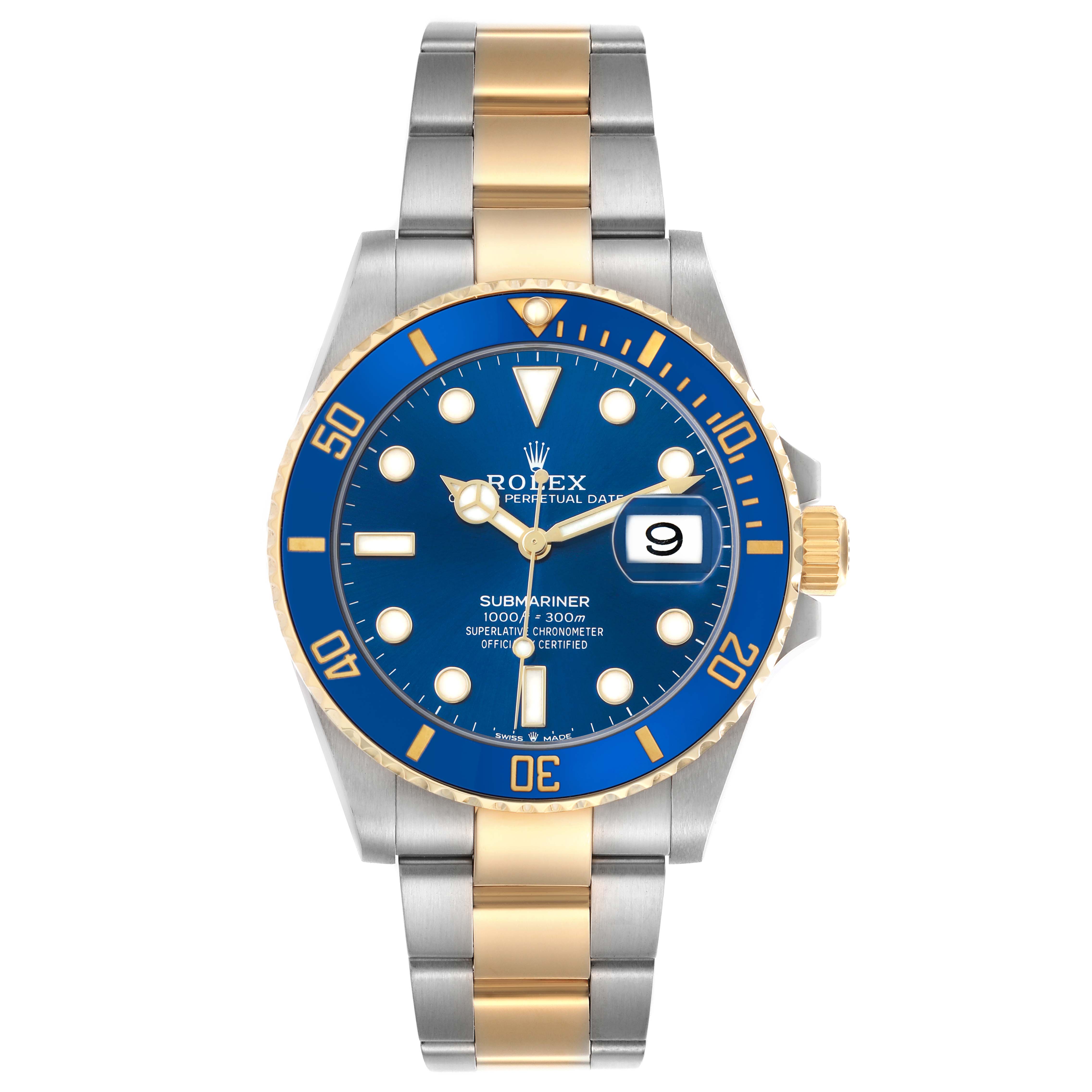 The Rolex Submariner 126613 Men's Steel and Gold (two tone) Blue Dial is shown from the front, displaying the face, bezel, hands, and bracelet.
