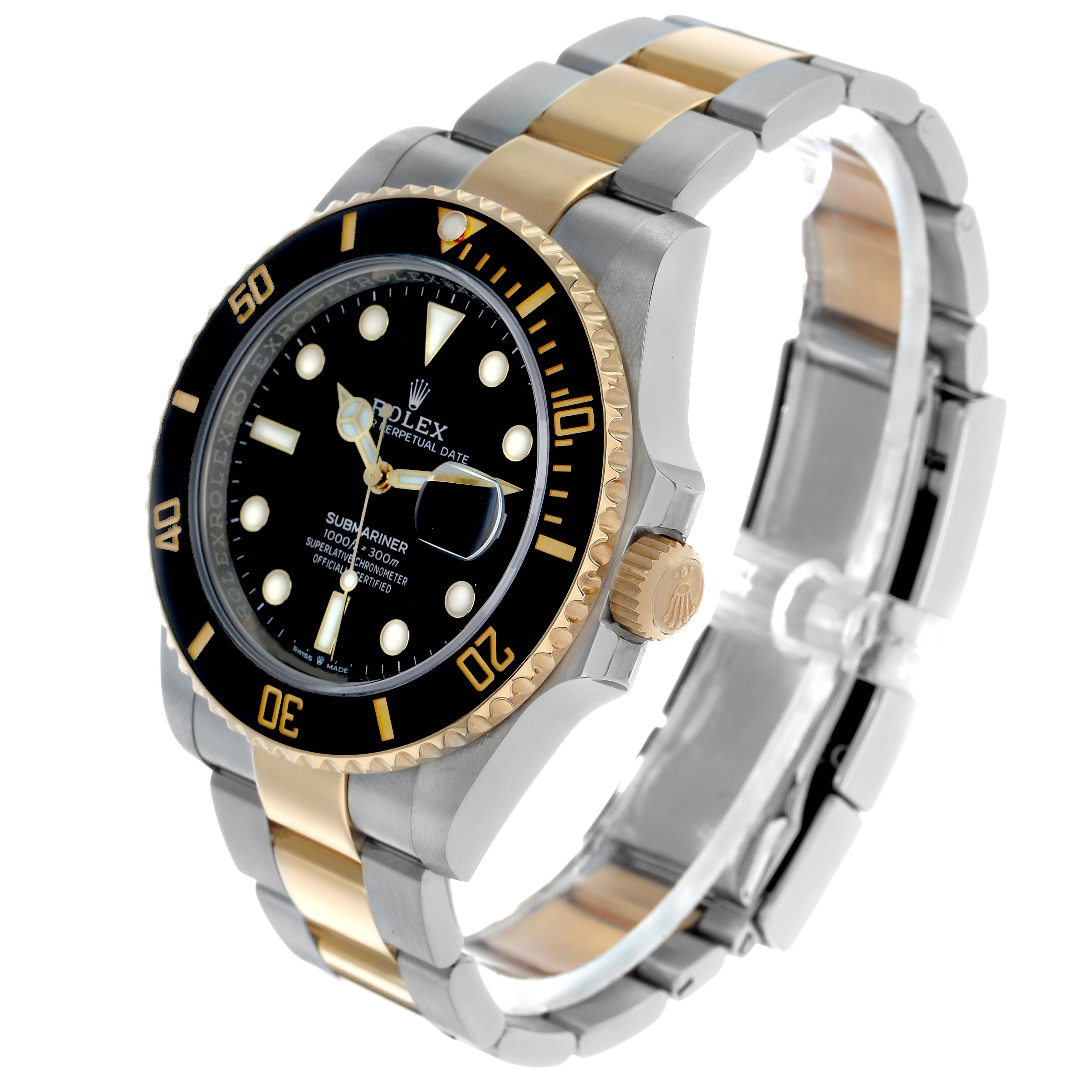 The Rolex Submariner 126613 Men's Steel and Gold (two tone) Black Dial is shown at a three-quarter angle, showcasing the bezel, dial, bracelet, and crown.