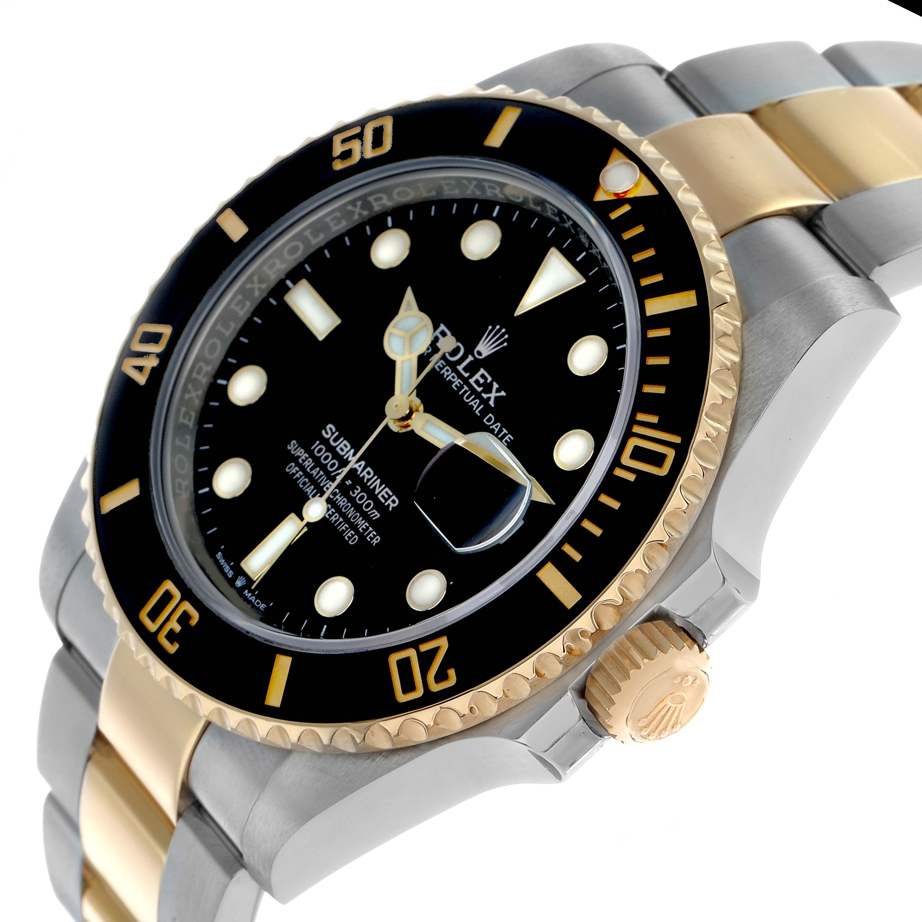 The Rolex Submariner 126613 Men's Steel and Gold (two tone) Black Dial watch is shown from a three-quarter angle, highlighting its bezel, dial, crown, and bracelet.