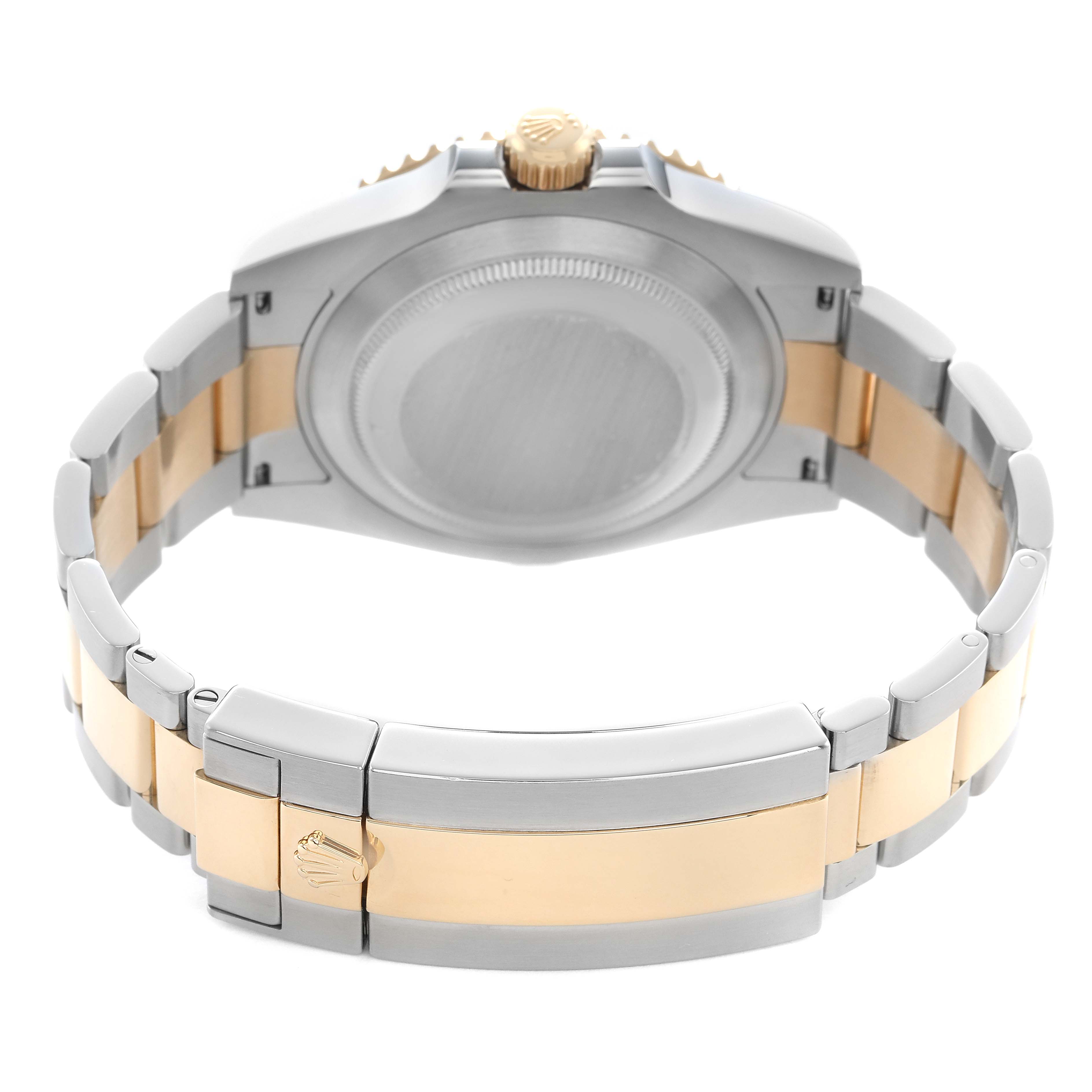 The image shows the back case and bracelet of a Rolex Submariner 126613 Men's Steel and Gold (two tone) Black Dial, highlighting the two-tone metal design and clasp.