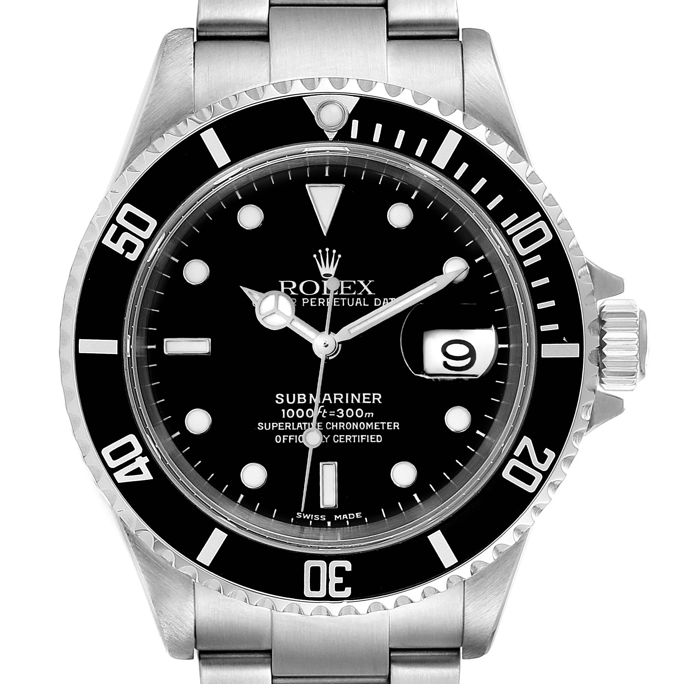 This image shows a front-facing view of the Rolex Submariner 16610 Men's Stainless Steel Black Dial 16610 Men's Stainless Steel Black Dial watch, displaying its black dial, bezel, and crown.