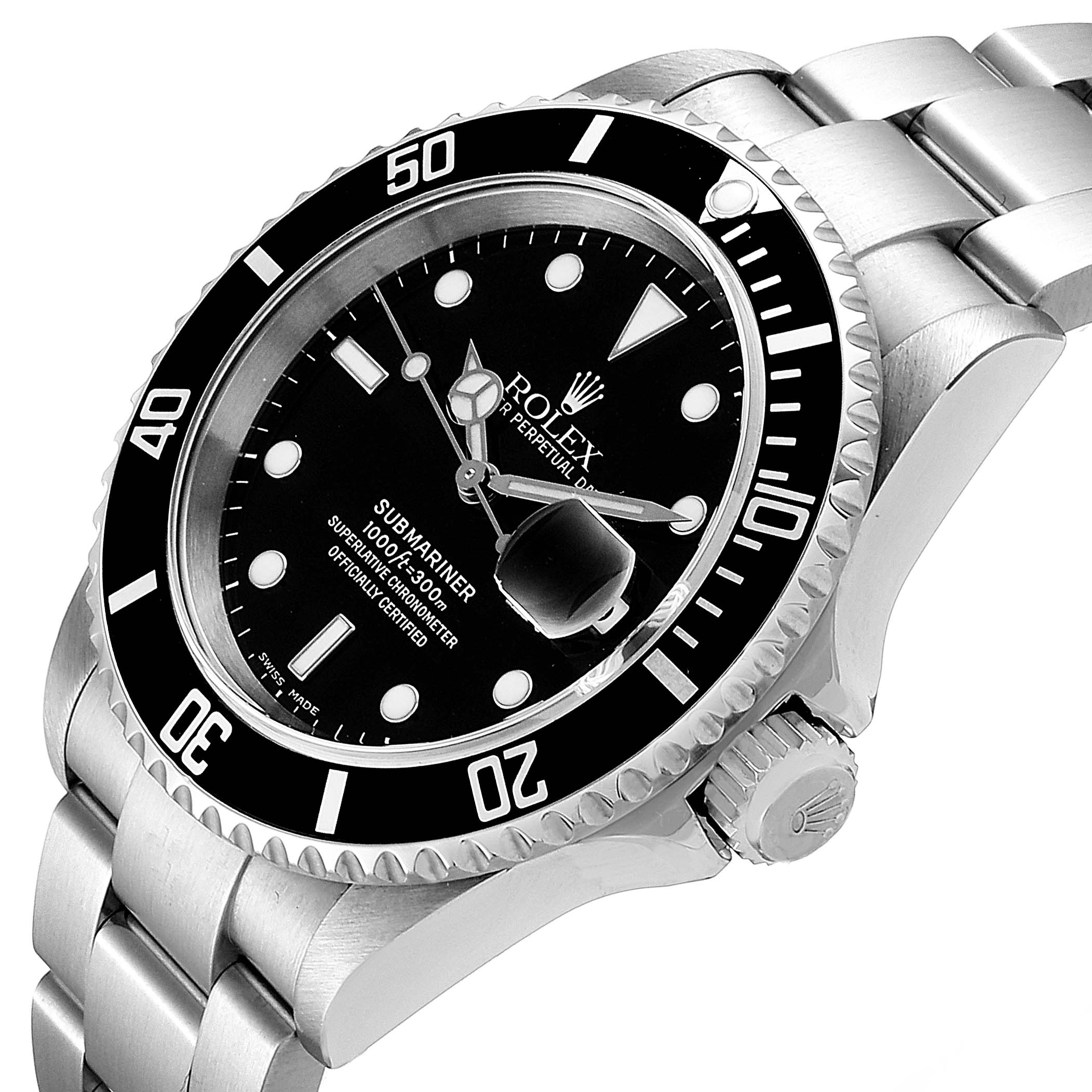 This image shows a close-up, angled view of a Rolex Submariner 16610 Men's Stainless Steel Black Dial 16610 Men's Stainless Steel Black Dial watch, highlighting the dial, bezel, crown, and part of the bracelet.