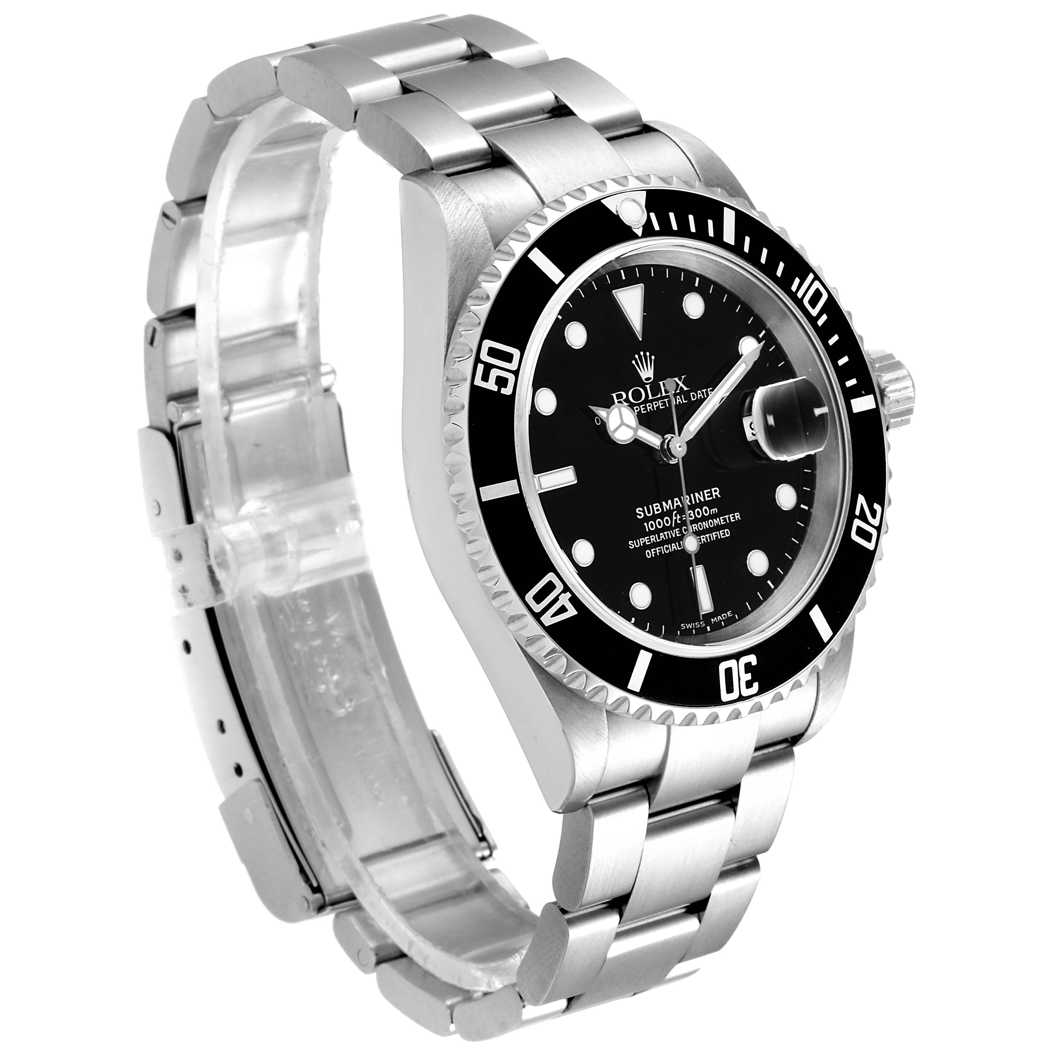 The image shows a Rolex Submariner 16610 Men's Stainless Steel Black Dial 16610 Men's Stainless Steel Black Dial watch angled to display the dial, bezel, crown, and stainless steel bracelet.