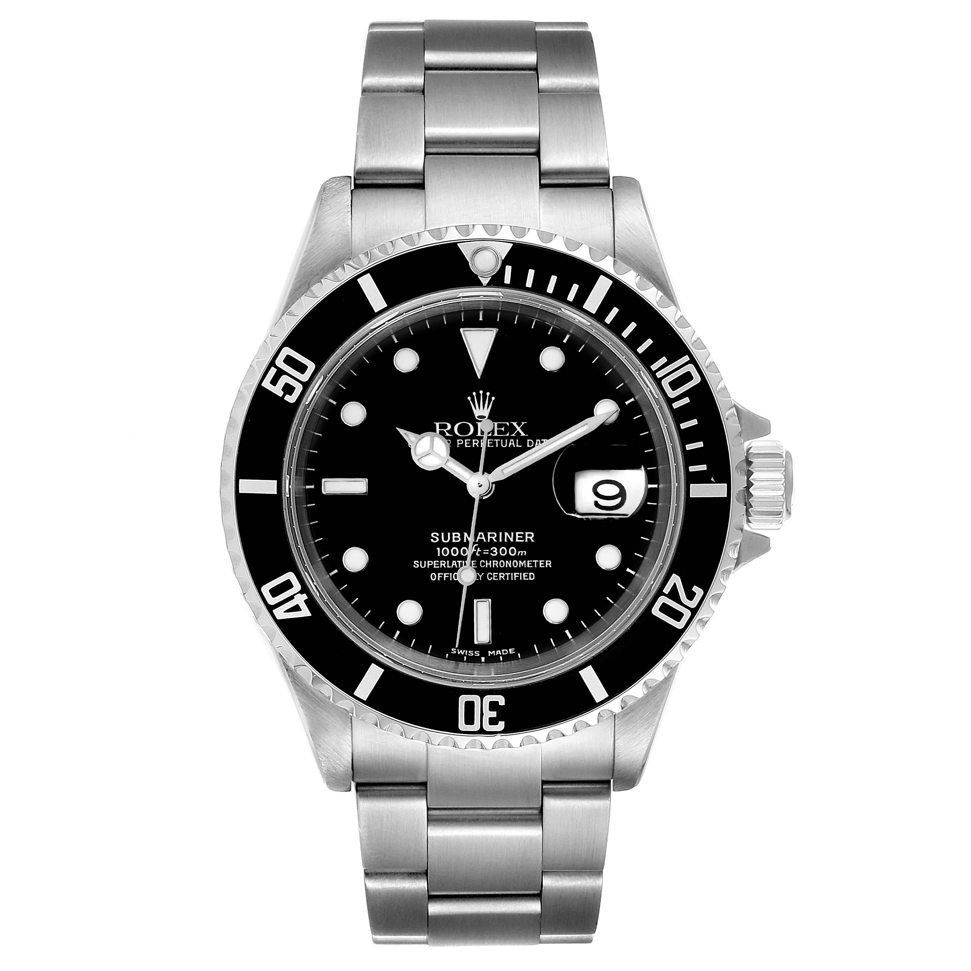 This Rolex Submariner 16610 Men's Stainless Steel Black Dial 16610 Men's Stainless Steel Black Dial watch is shown from a straight-on angle, displaying the dial, bezel, crown, and bracelet.