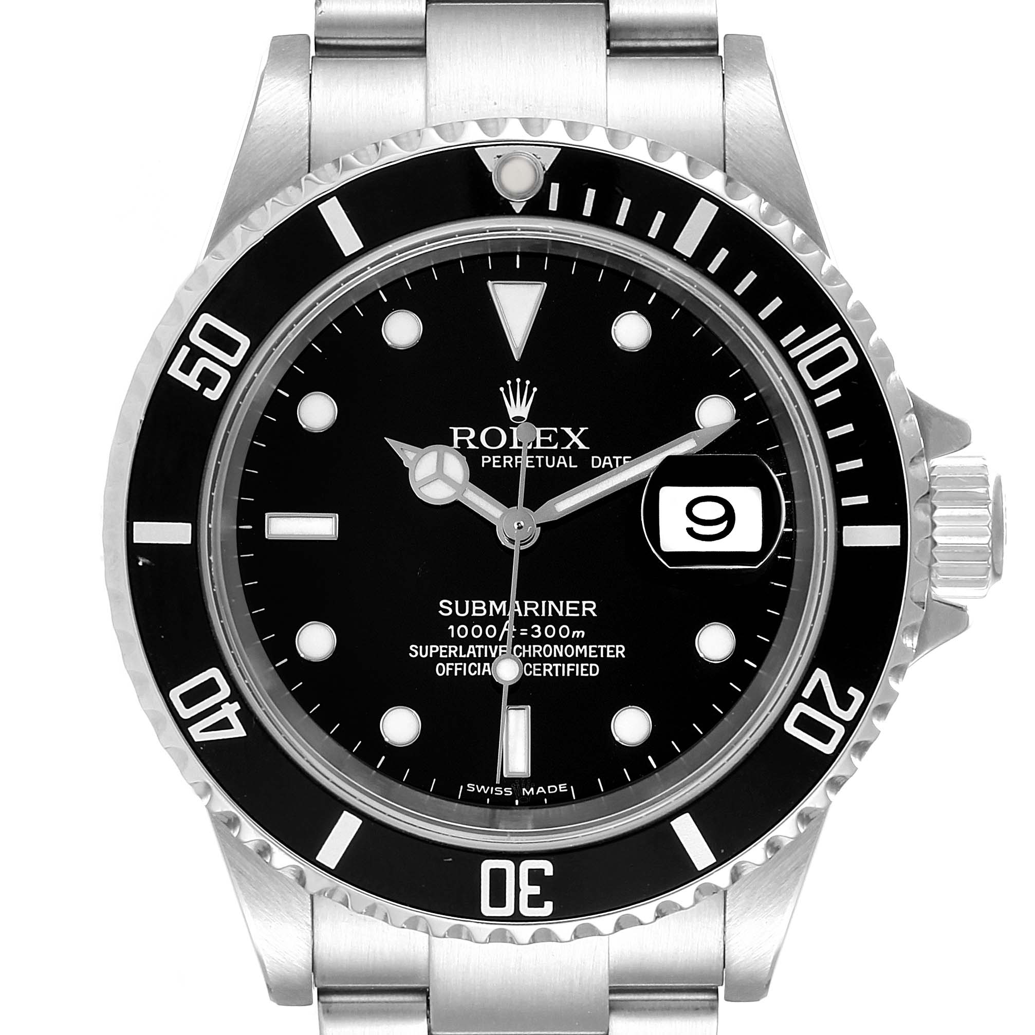 The image shows a front view of the Rolex Submariner 16610 Men's Stainless Steel Black Dial 16610 Men's Stainless Steel Black Dial watch, highlighting the dial, bezel, hands, and date display.