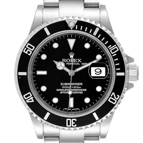 This image shows a front view of the Rolex Submariner watch, highlighting the bezel, dial, hands, and bracelet.