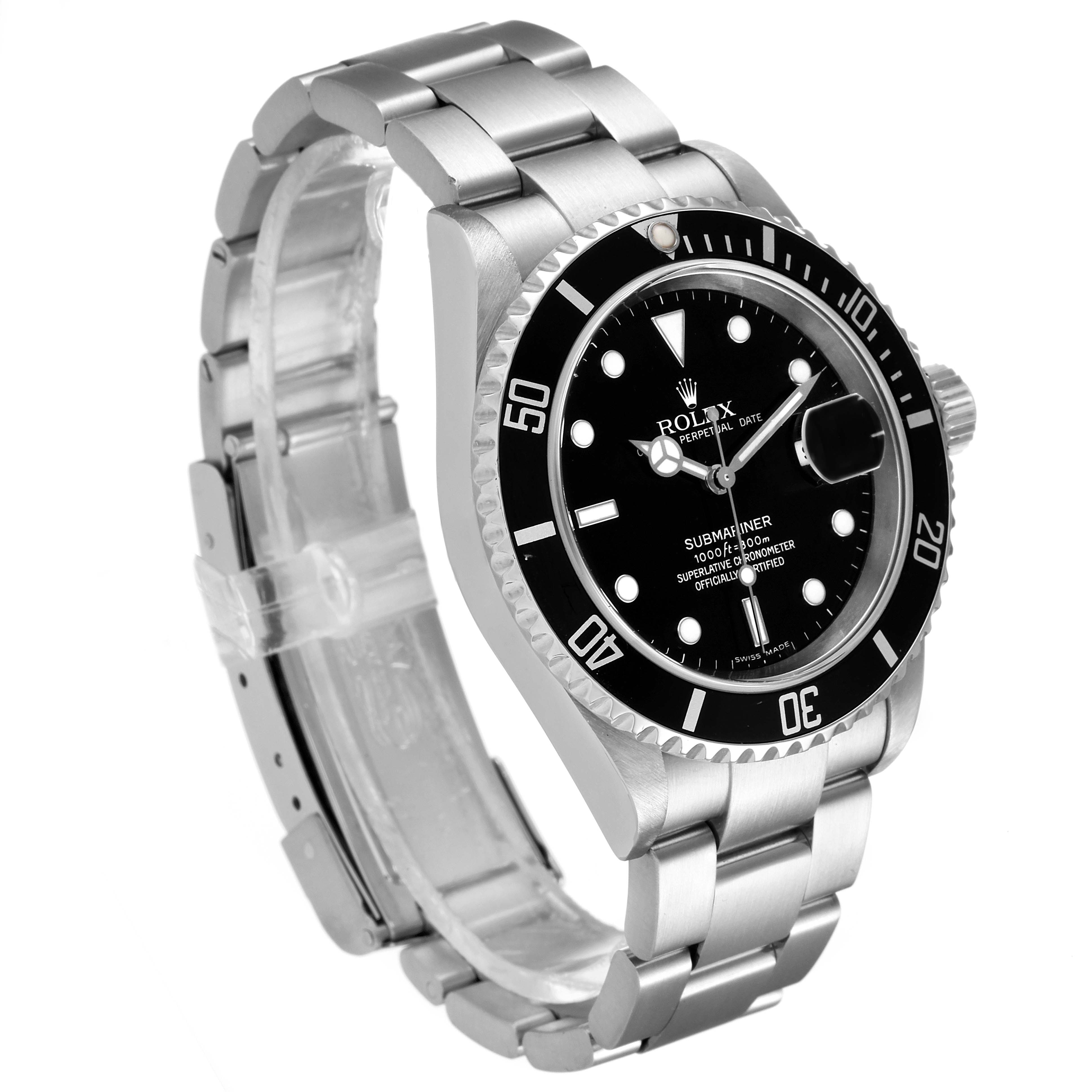 The image shows a Rolex Submariner 16610 Men's Stainless Steel Black Dial 16610 Men's Stainless Steel Black Dial watch from a three-quarter angle, highlighting the face, bezel, crown, and metal bracelet.