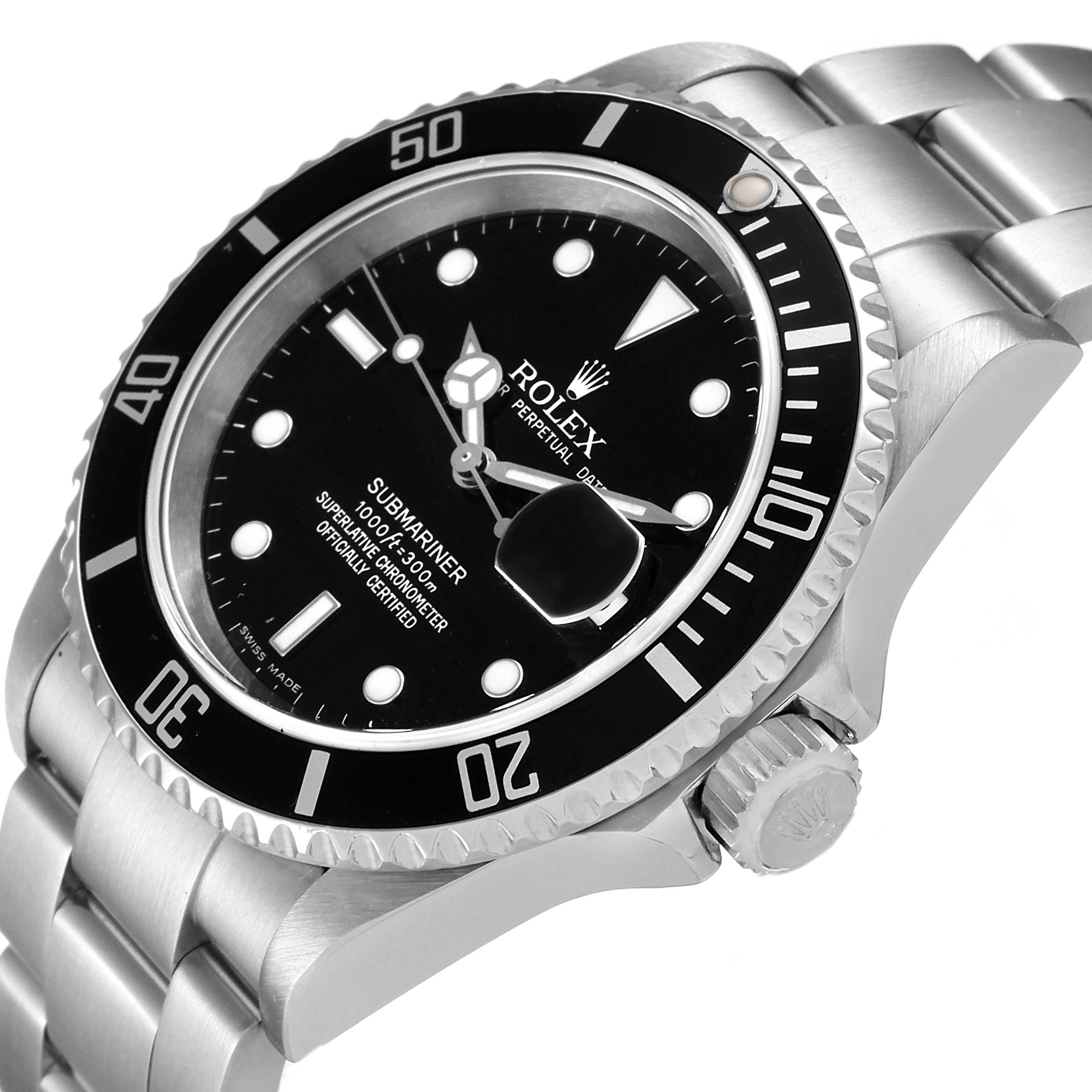 The image shows a side-angle view of a Rolex Submariner 16610 Men's Stainless Steel Black Dial 16610 Men's Stainless Steel Black Dial watch, highlighting its black dial, bezel, and stainless steel bracelet.