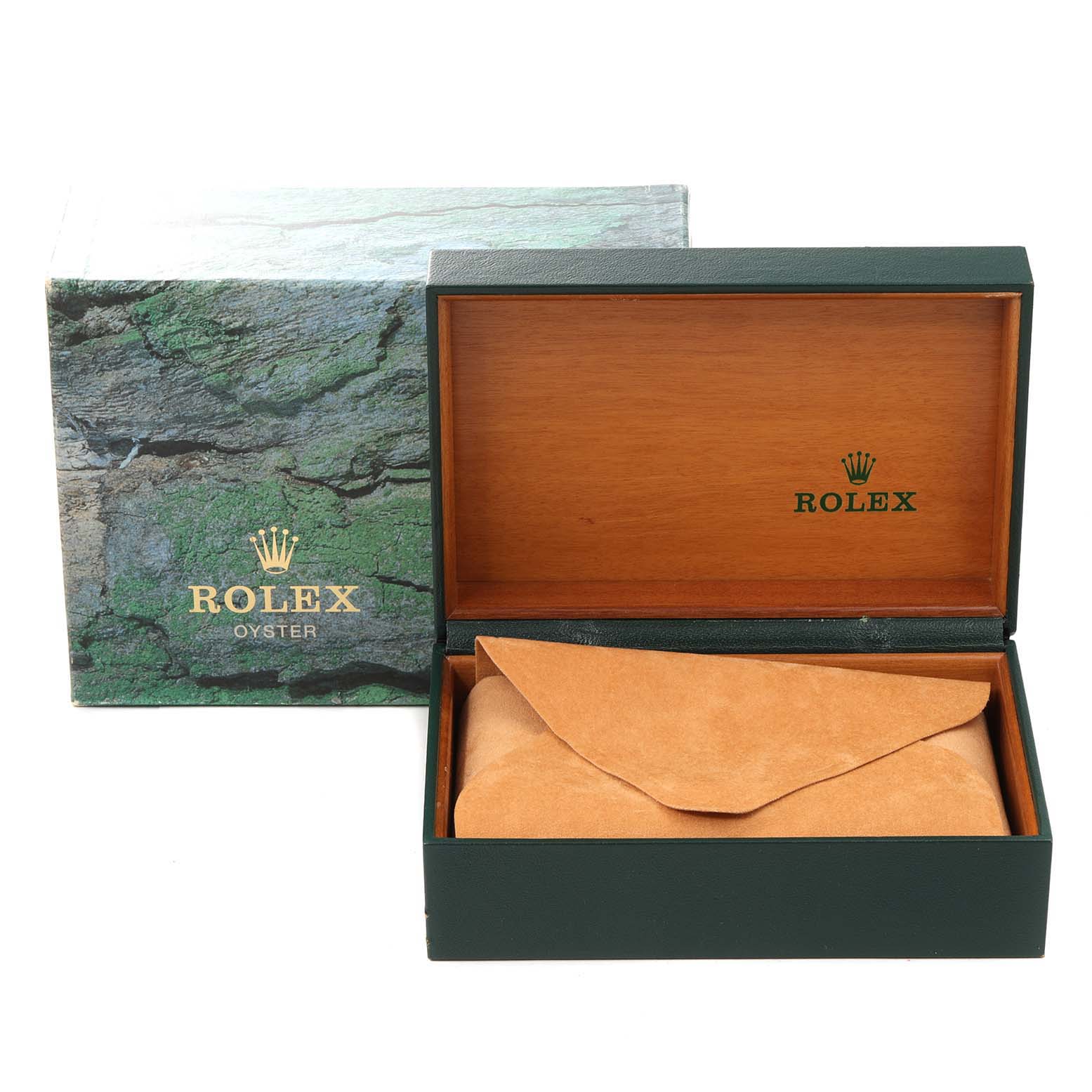 The image shows a Rolex Submariner 16610 Men's Stainless Steel Black Dial 16610 Men's Stainless Steel Black Dial watch's open wooden box and its outer green carton packaging.