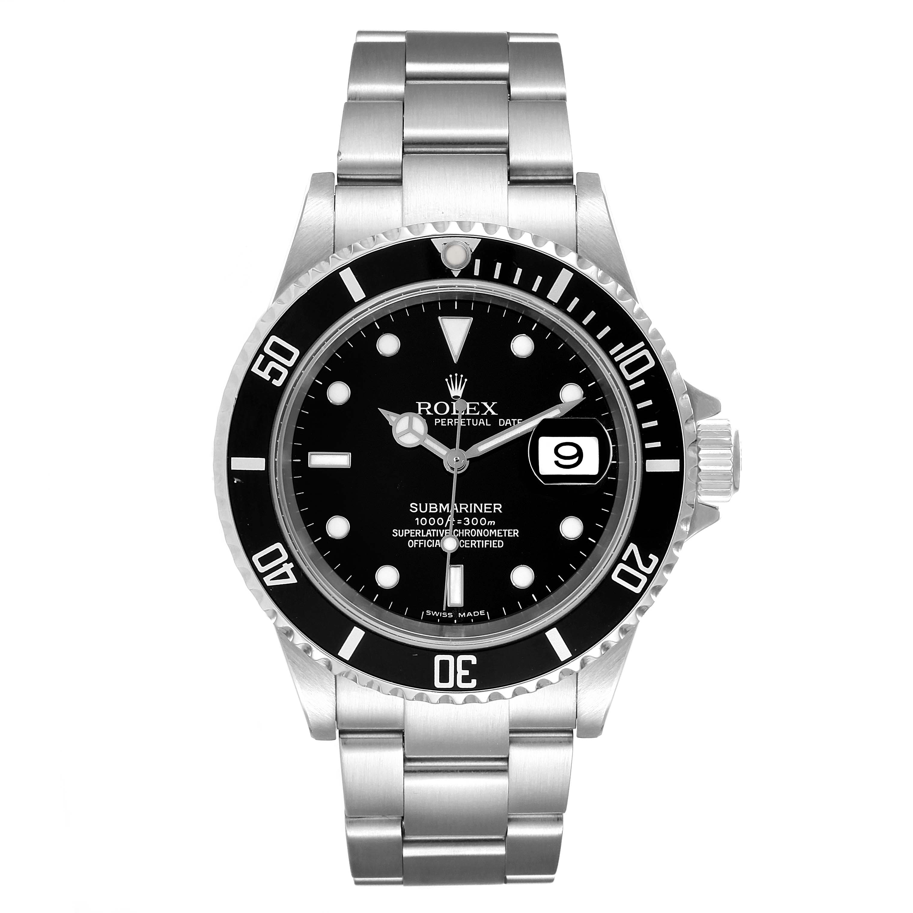 The Rolex Submariner 16610 Men's Stainless Steel Black Dial 16610 Men's Stainless Steel Black Dial watch is shown from a front angle, displaying the dial, bezel, crown, and bracelet.