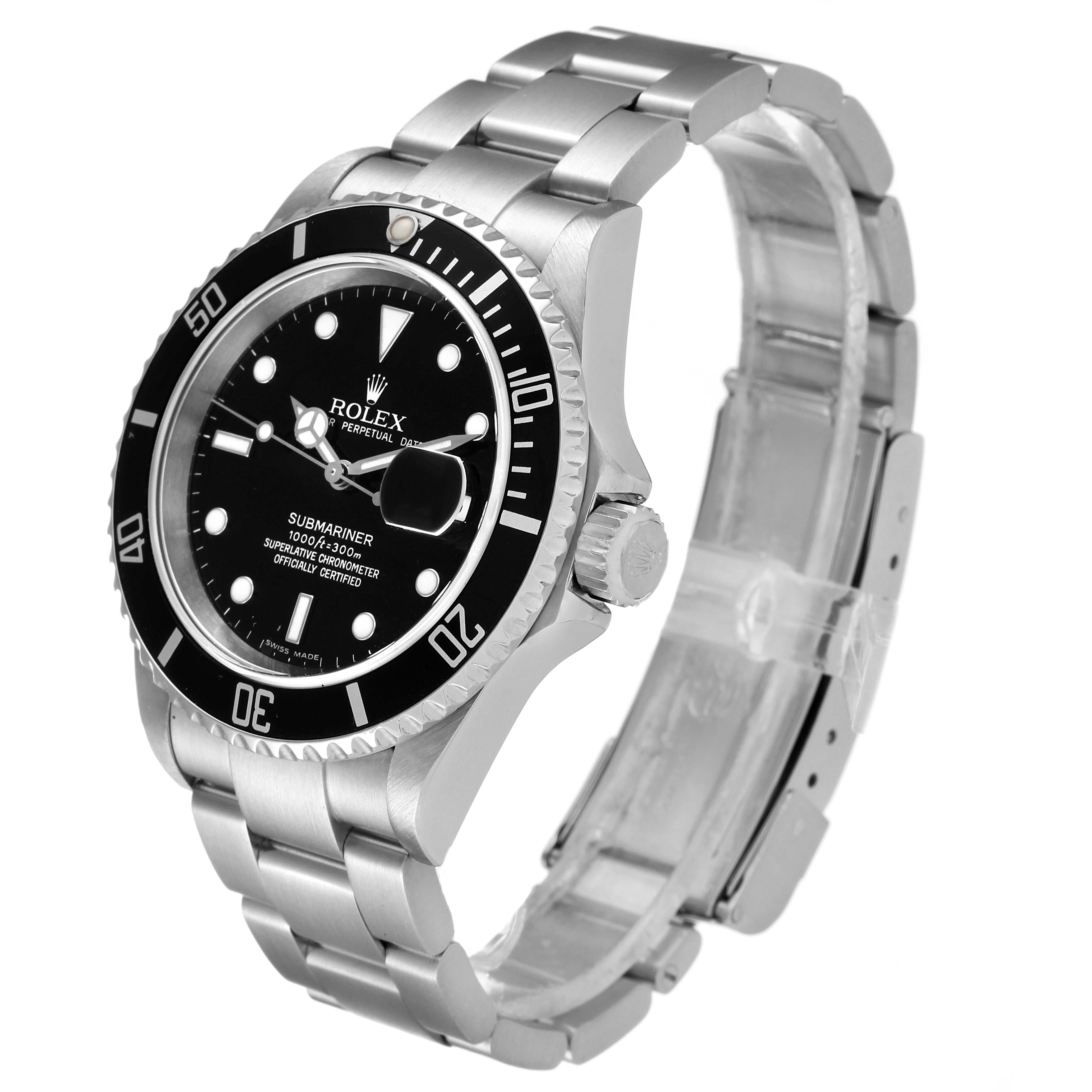 The image shows a Rolex Submariner 16610 Men's Stainless Steel Black Dial 16610 Men's Stainless Steel Black Dial watch at an angled side view, highlighting the dial, bezel, crown, and stainless steel bracelet.