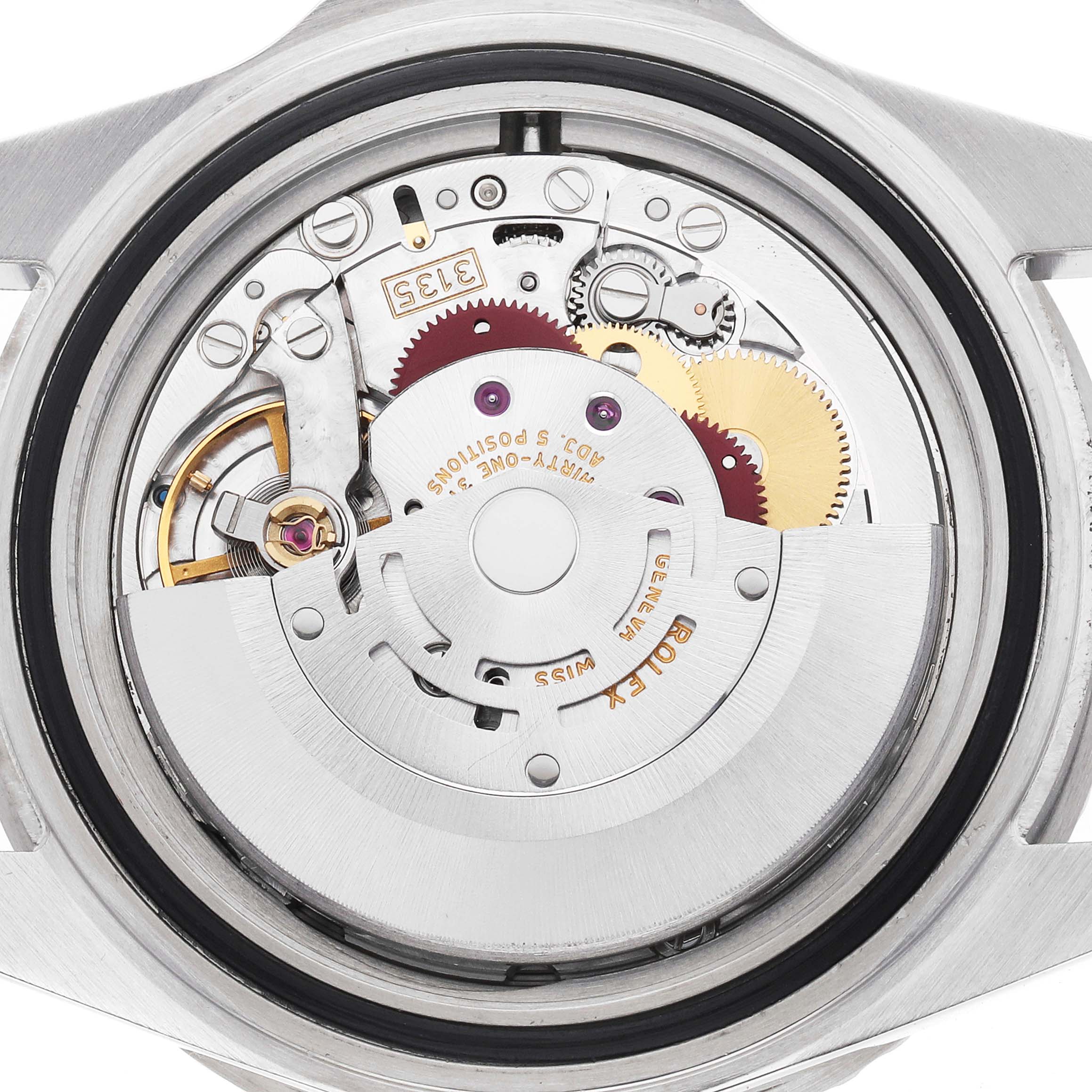 The image shows the movement of a Rolex Submariner 16610 Men's Stainless Steel Black Dial, viewed from the back, with gears and rotor visible.