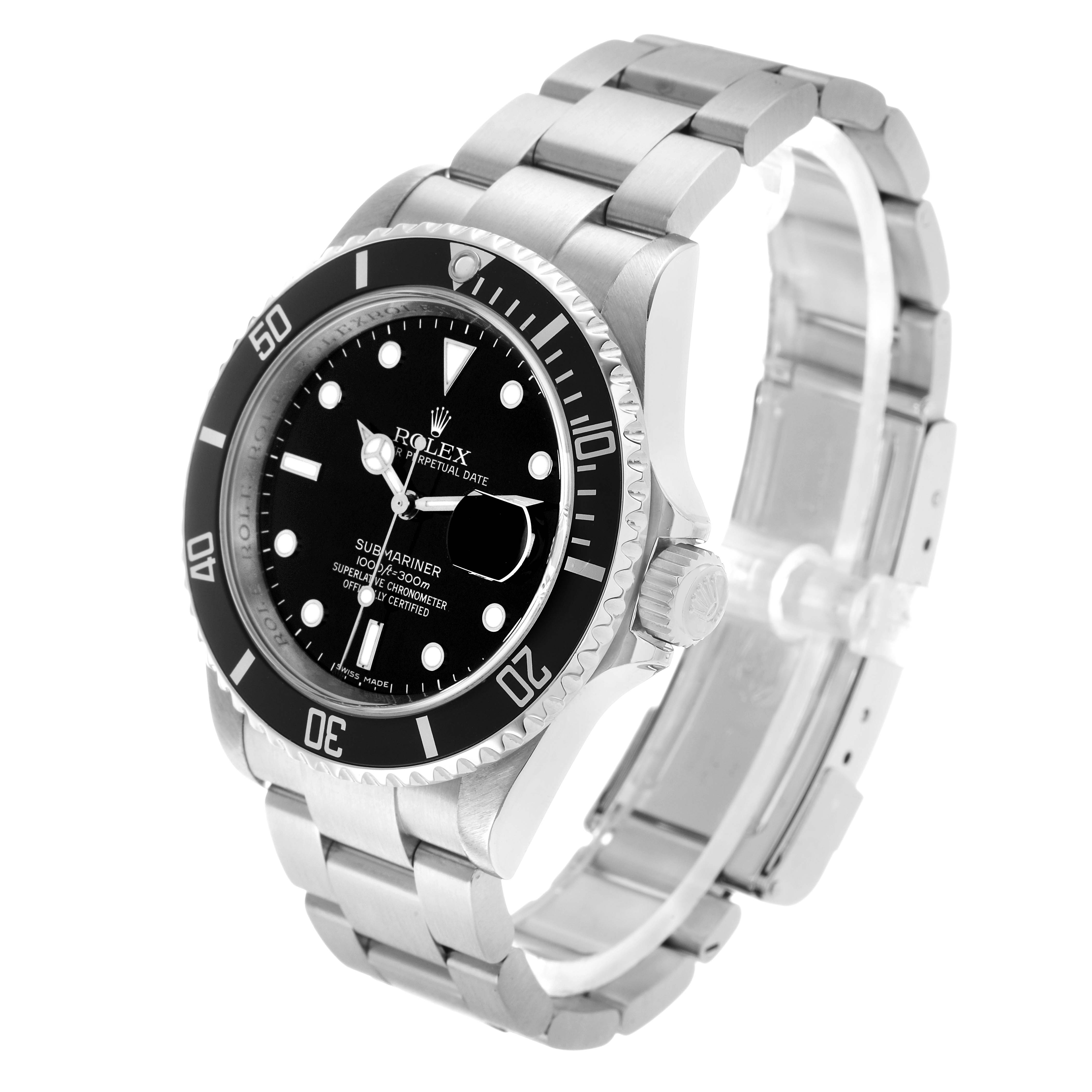 The Rolex Submariner 16610 Men's Stainless Steel Black Dial is shown at a three-quarter angle, highlighting the dial, bezel, crown, and bracelet.