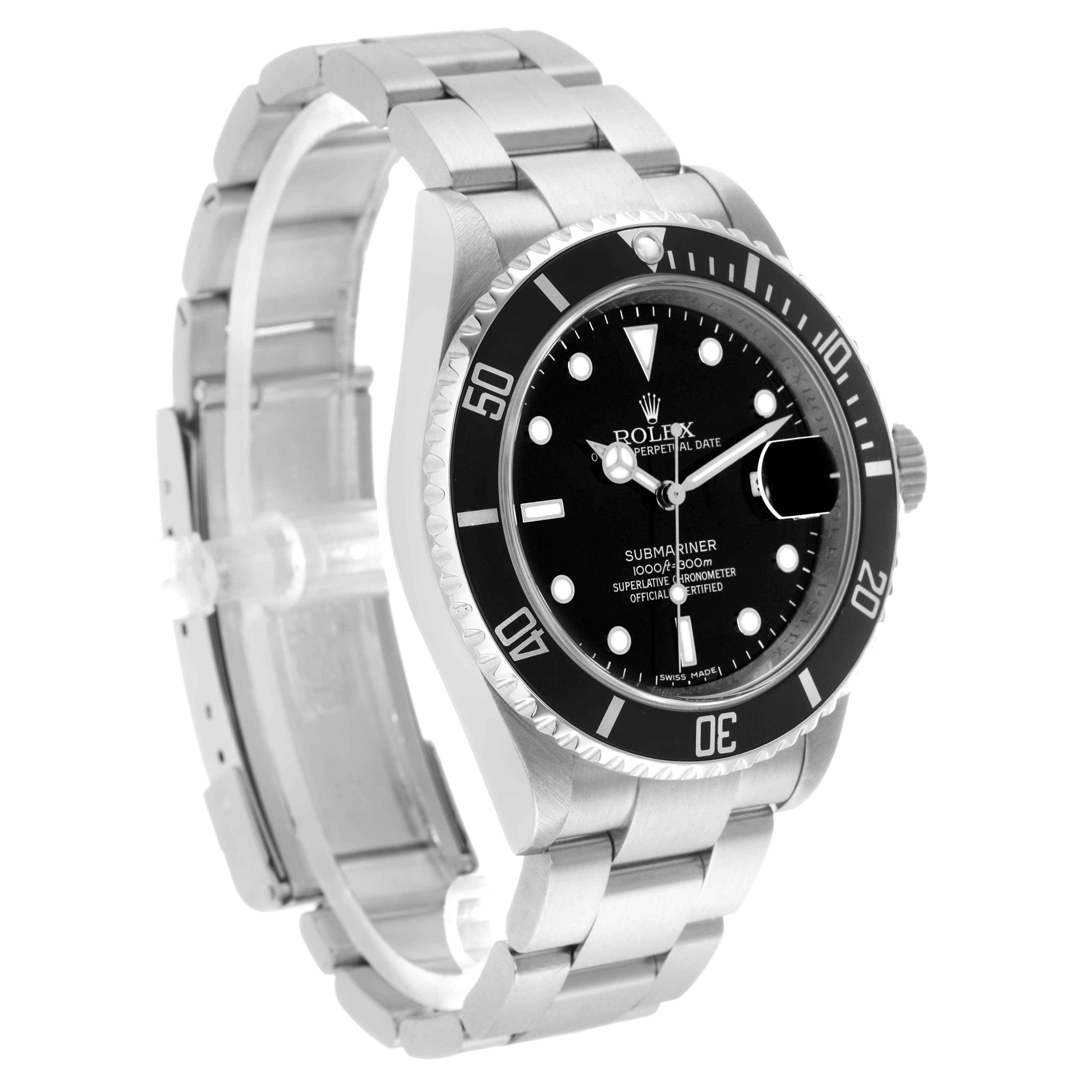 This Rolex Submariner 16610 Men's Stainless Steel Black Dial is shown at a slight angle, highlighting the bracelet, bezel, and face details.