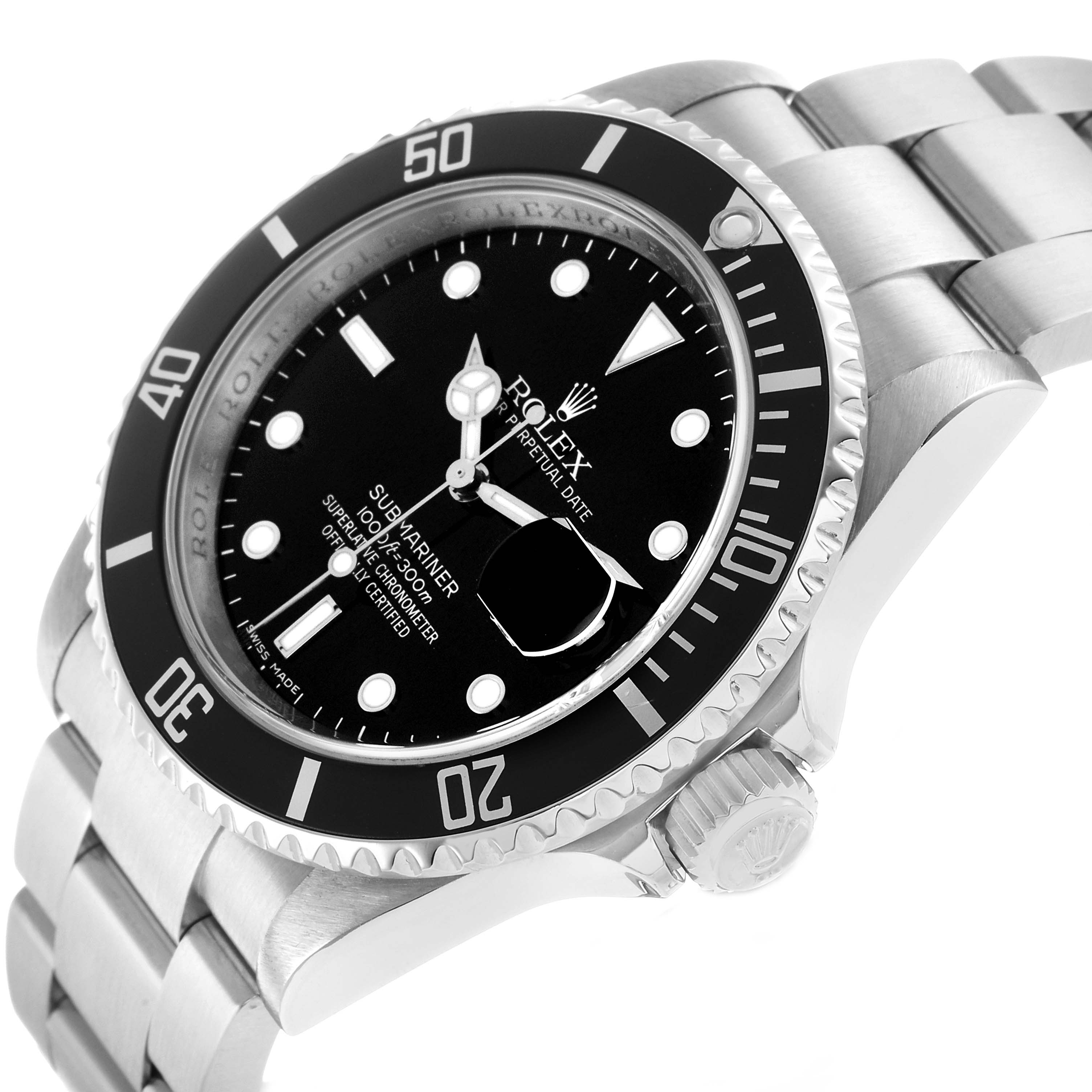 The Rolex Submariner 16610 Men's Stainless Steel Black Dial is shown at an angle highlighting the dial, bezel, crown, and part of the bracelet.