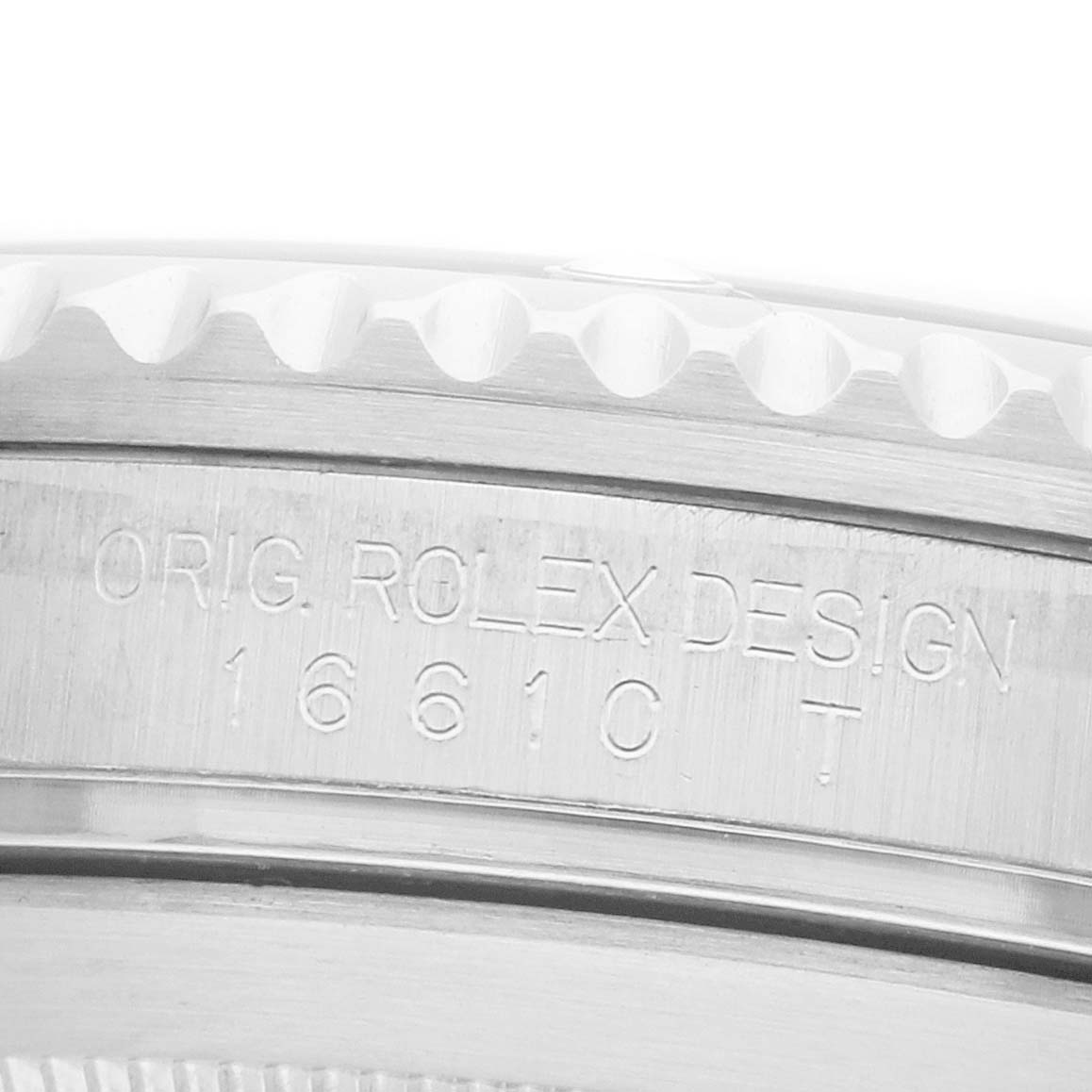 The image shows a close-up side view of the Rolex Submariner 16610 Men's Stainless Steel Black Dial case, highlighting the engraved model number "16610."