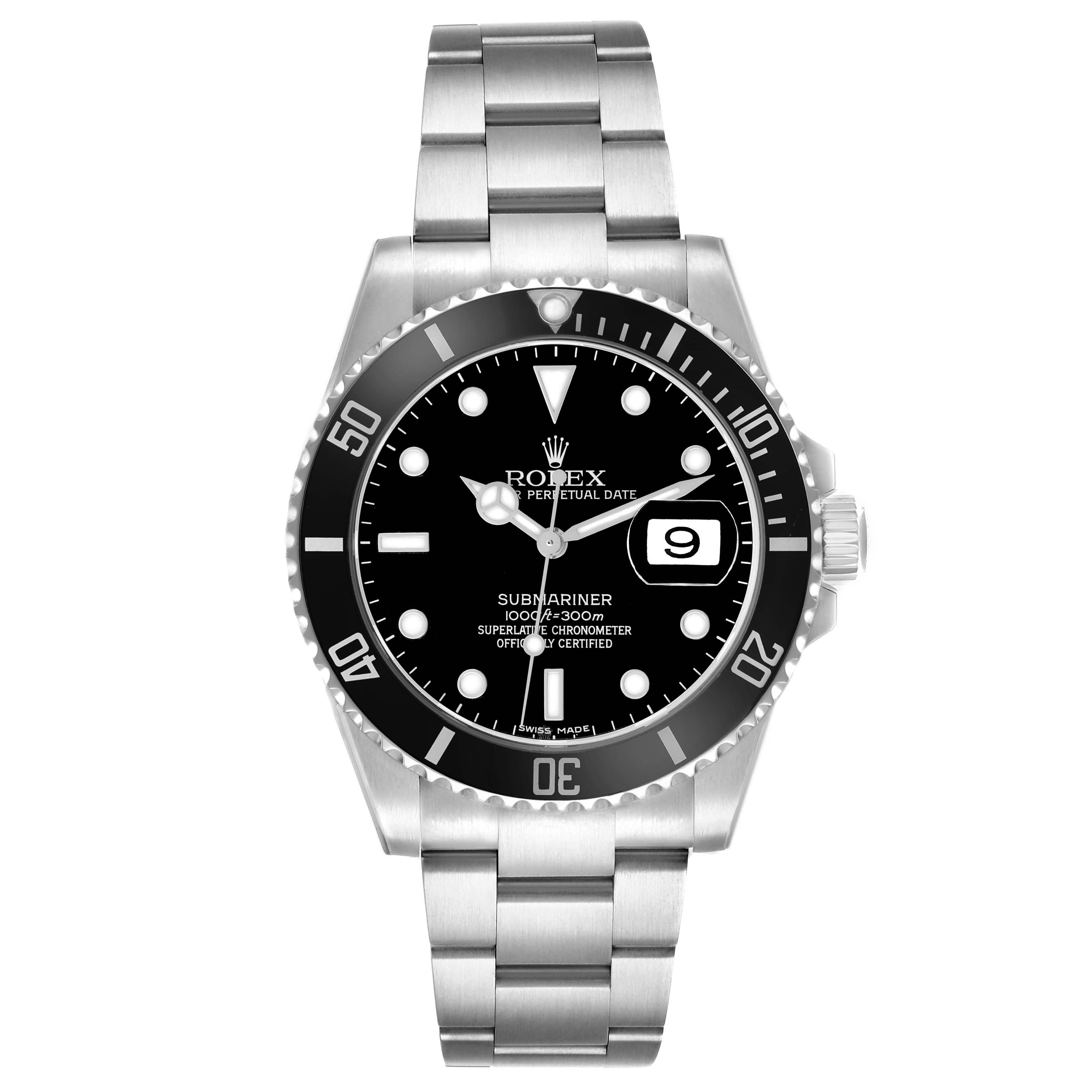 The Rolex Submariner 16610 Men's Stainless Steel Black Dial watch is shown from the front, displaying the dial, bezel, crown, and bracelet clearly.