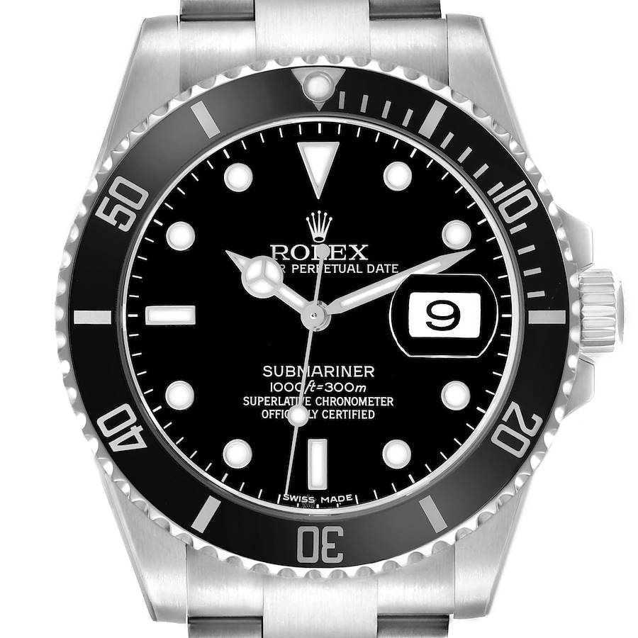 The Rolex Submariner 16610 Men's Stainless Steel Black Dial watch is shown from a front angle displaying the dial, bezel, and part of the bracelet.