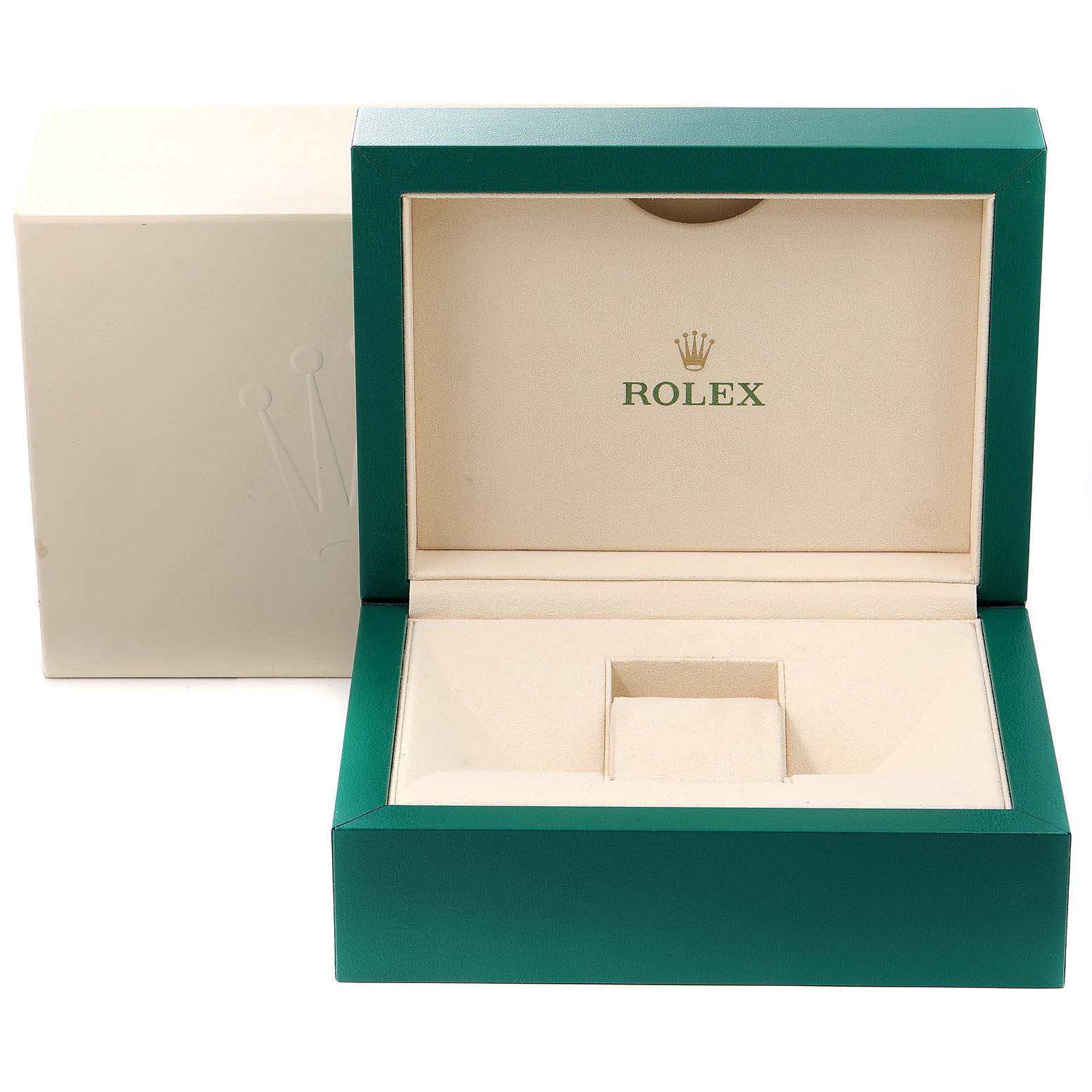 This image shows an open green and beige Rolex Submariner 116610LV Men's Stainless Steel Green Dial 116610LV Men's Stainless Steel Green Dial presentation box, featuring the Rolex logo inside the lid.