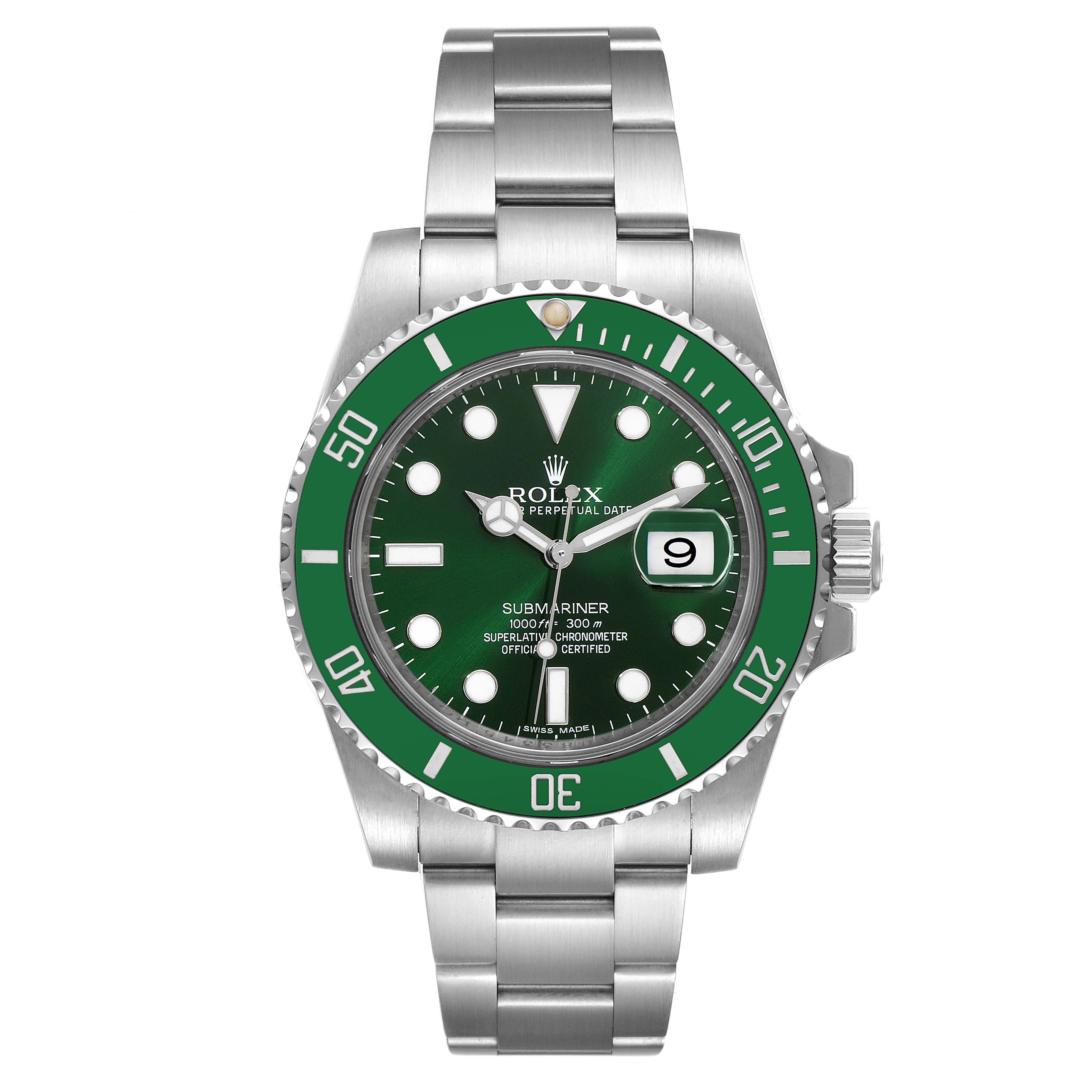 The image shows a front view of a Rolex Submariner 116610LV Men's Stainless Steel Green Dial 116610LV Men's Stainless Steel Green Dial watch with a green bezel and dial.