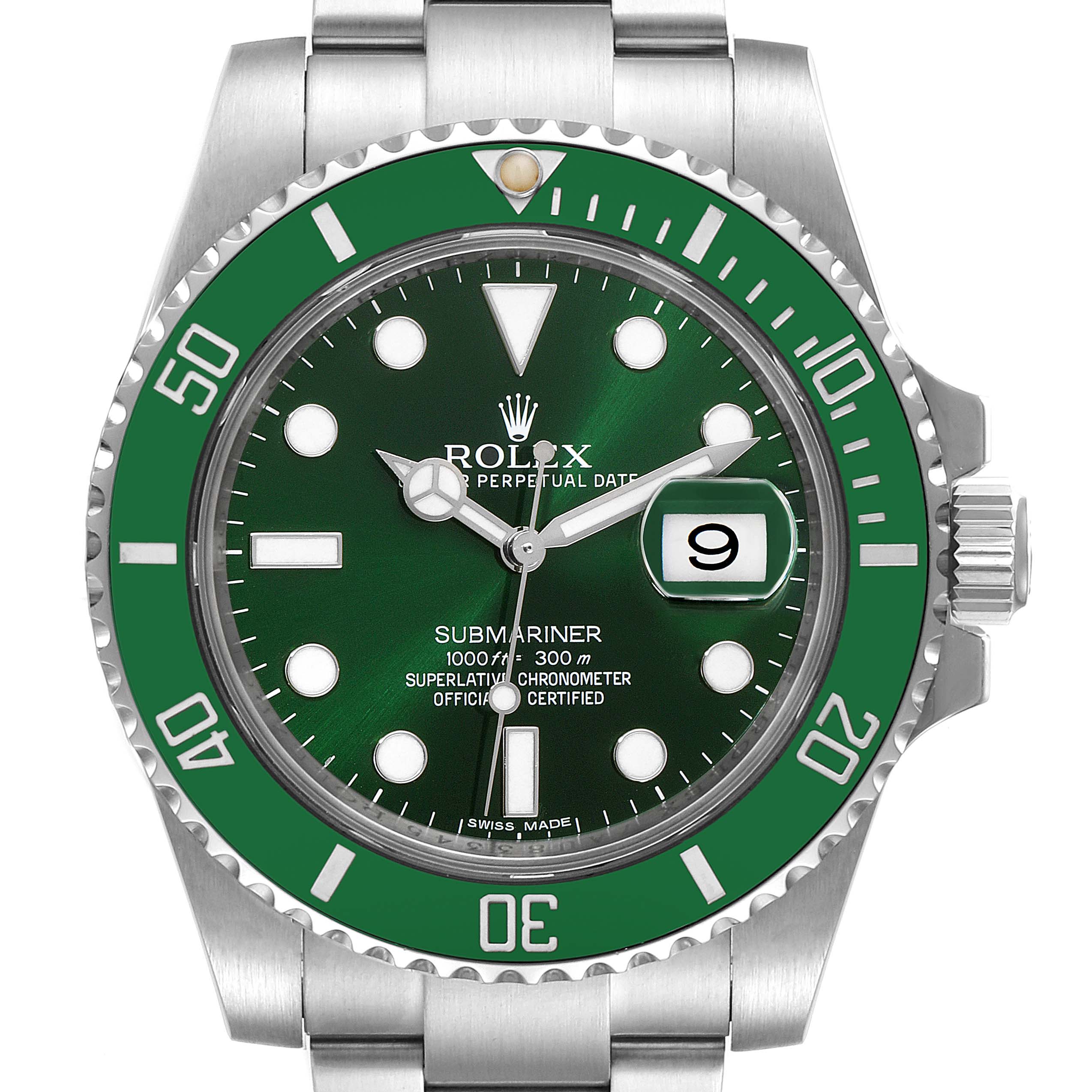 This image shows a front view of the Rolex Submariner 116610LV Men's Stainless Steel Green Dial 116610LV Men's Stainless Steel Green Dial watch, highlighting its green dial and bezel with the date function at 3 o'clock.
