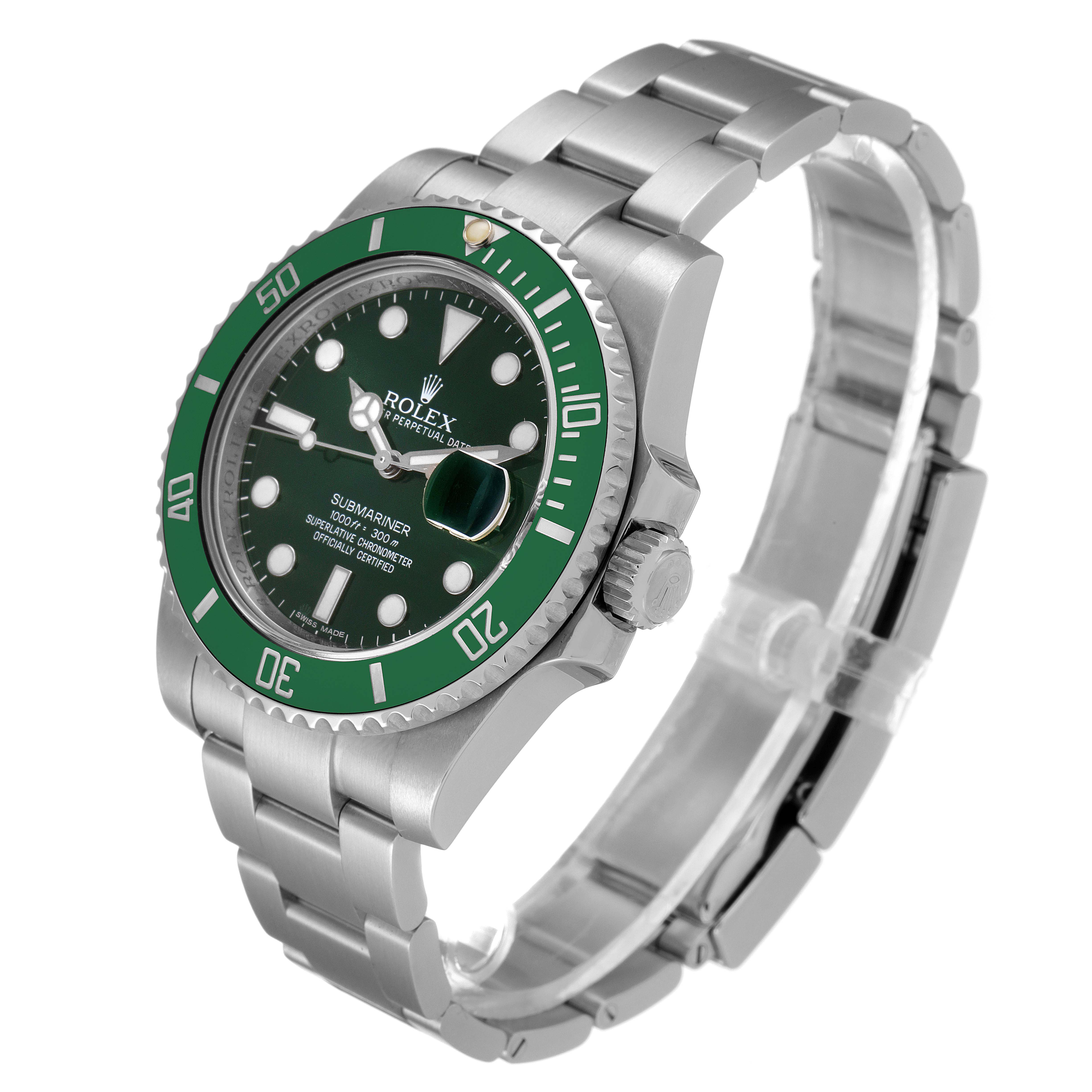 The image shows a Rolex Submariner 116610LV Men's Stainless Steel Green Dial 116610LV Men's Stainless Steel Green Dial watch at a slight angle, displaying the face, bezel, crown, and stainless steel bracelet.