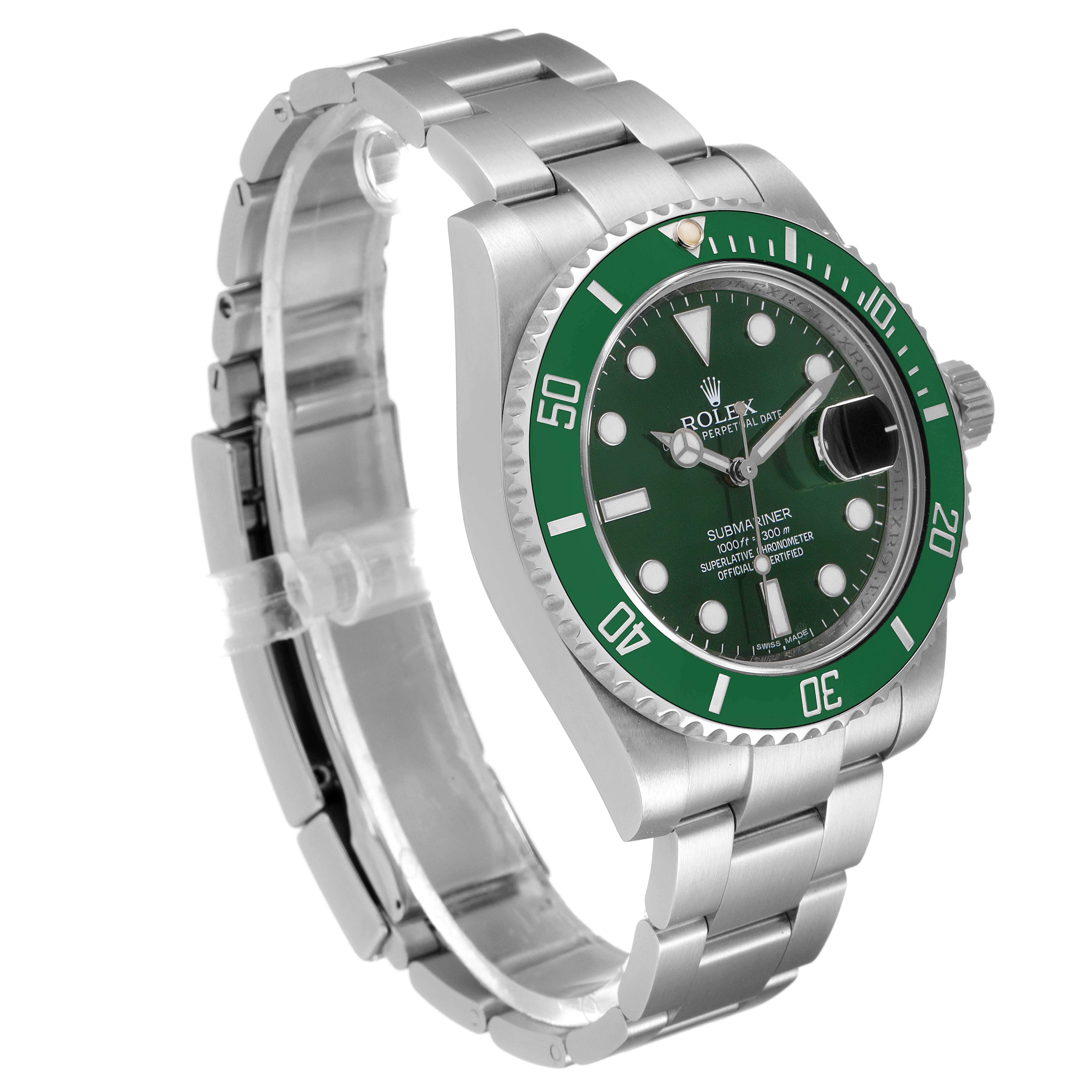 The image shows a Rolex Submariner 116610LV Men's Stainless Steel Green Dial 116610LV Men's Stainless Steel Green Dial watch at a slight angle, showcasing its green bezel, dial, and stainless steel bracelet.