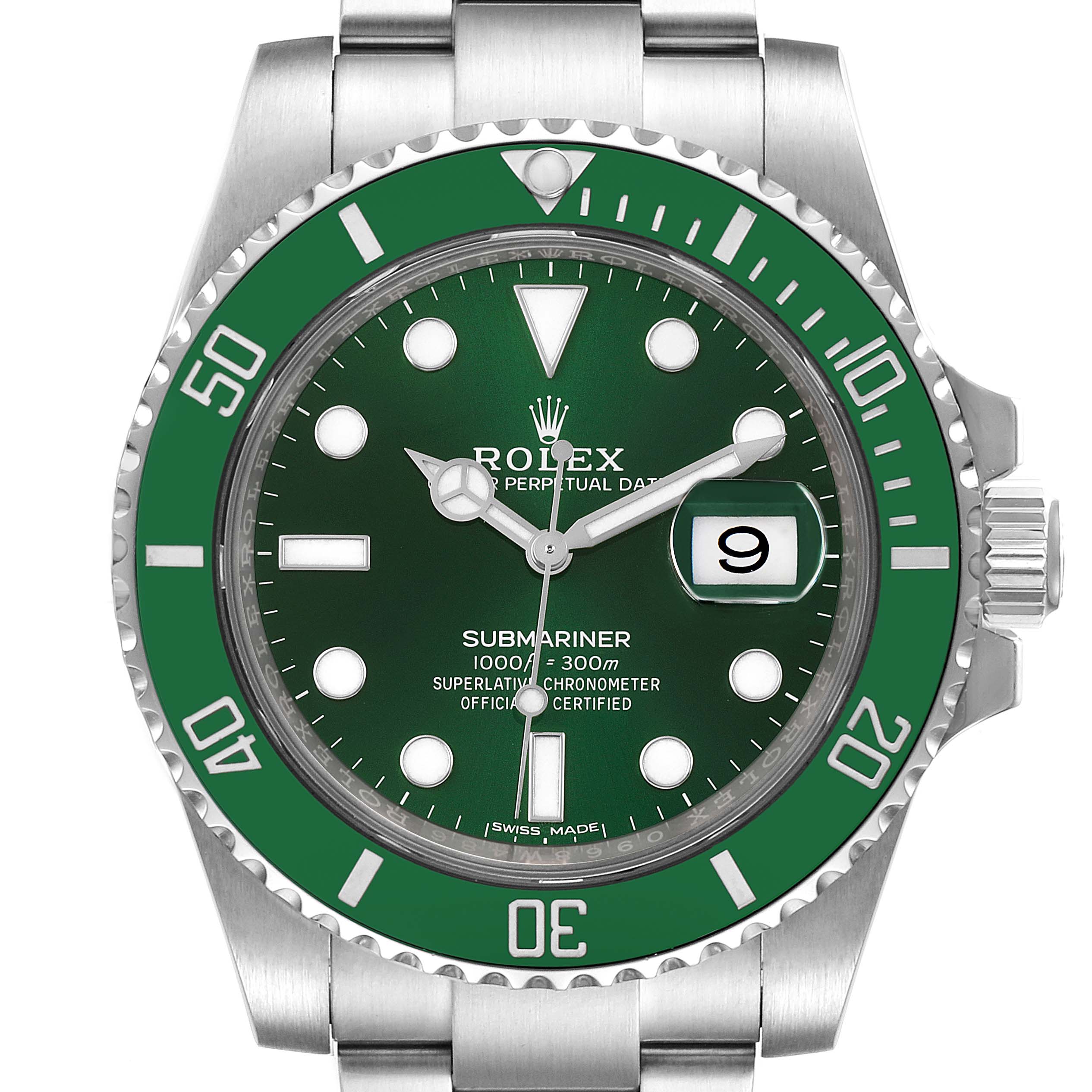 The image shows a front view of a Rolex Submariner 116610LV Men's Stainless Steel Green Dial 116610LV Men's Stainless Steel Green Dial watch with a green bezel and dial, featuring the date display at 3 o’clock.
