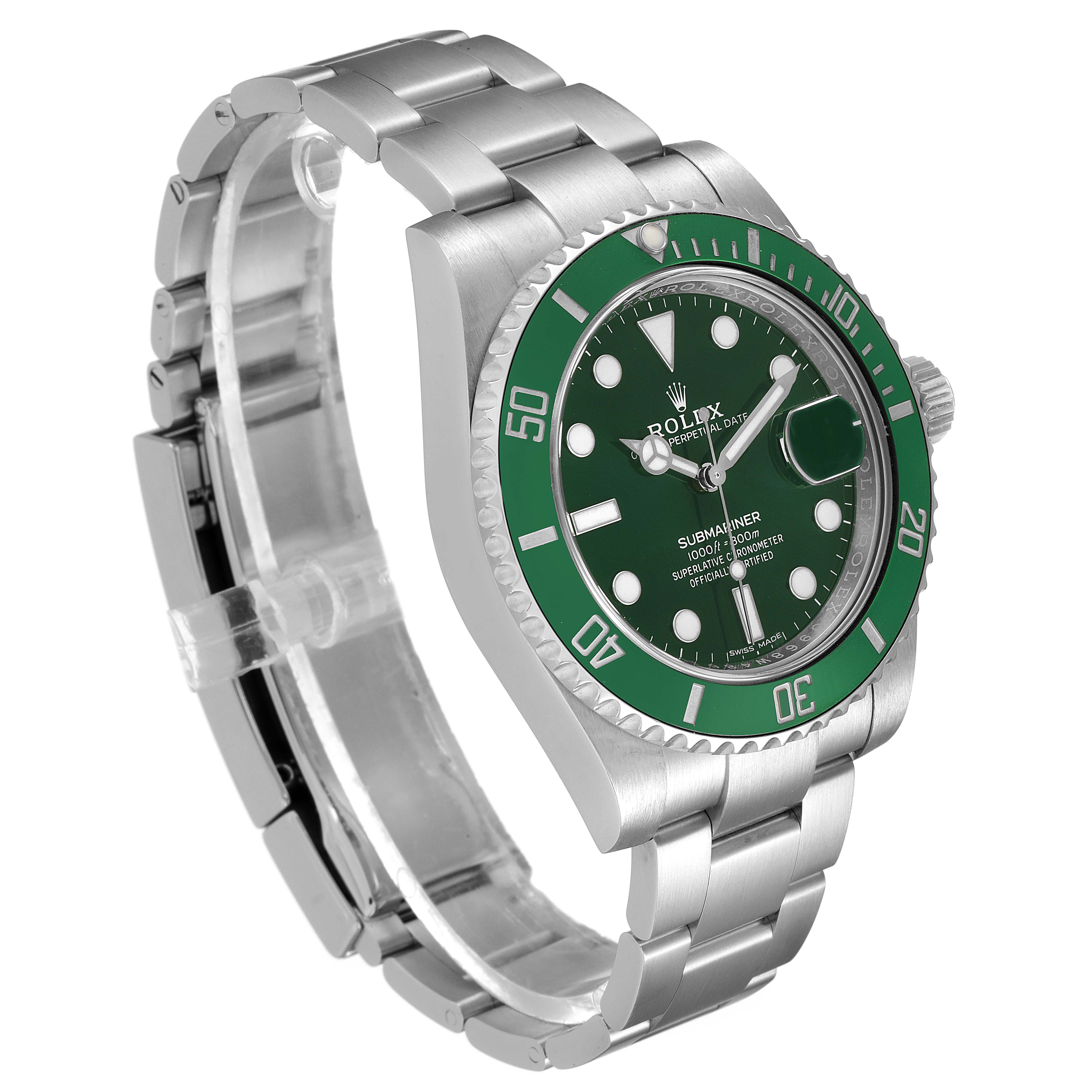 A Rolex Submariner 116610LV Men's Stainless Steel Green Dial 116610LV Men's Stainless Steel Green Dial watch is shown from an angled view highlighting its green bezel, dial, and stainless steel bracelet.