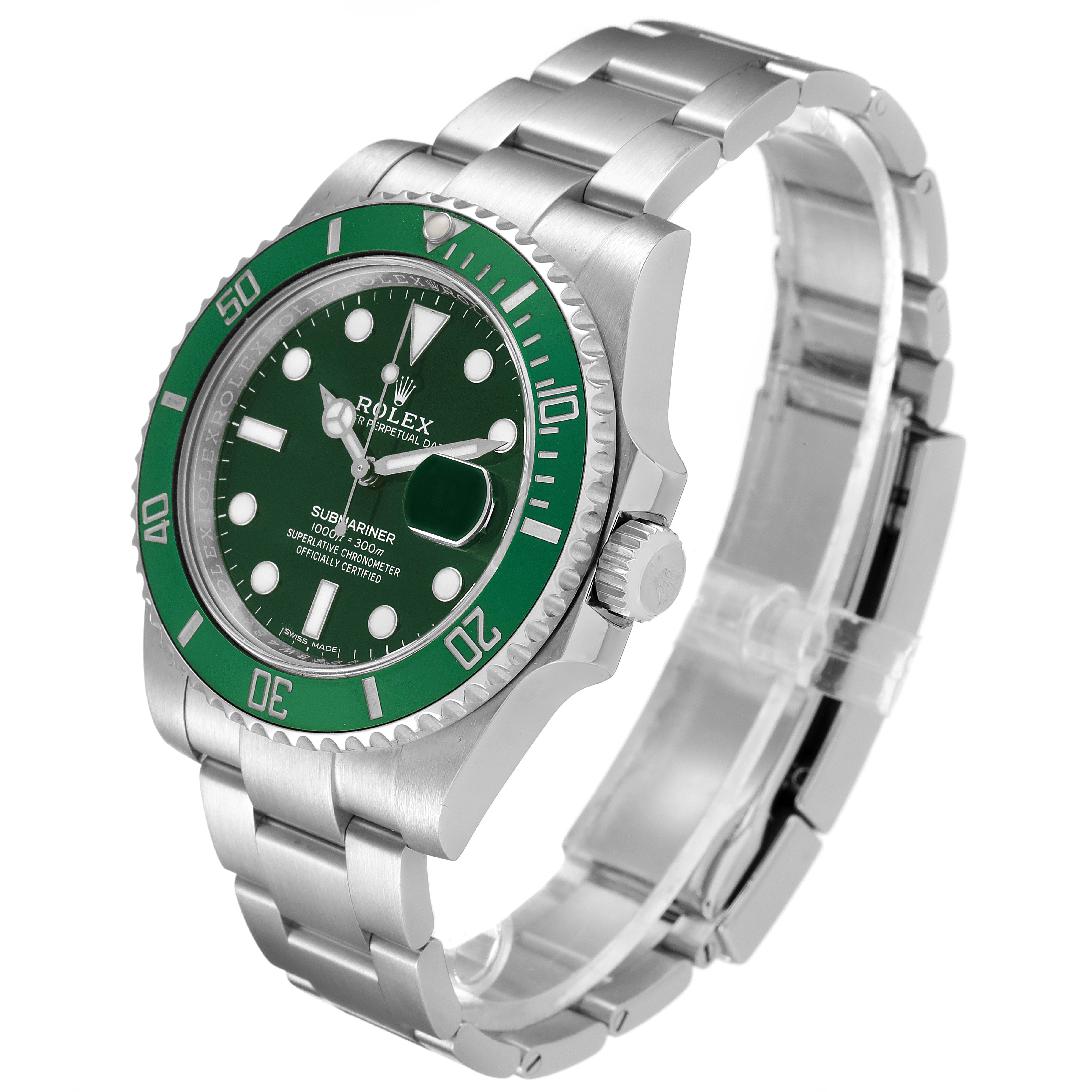 The image shows a Rolex Submariner 116610LV Men's Stainless Steel Green Dial 116610LV Men's Stainless Steel Green Dial watch at a 3/4 angle, displaying its face, bezel, crown, and bracelet.