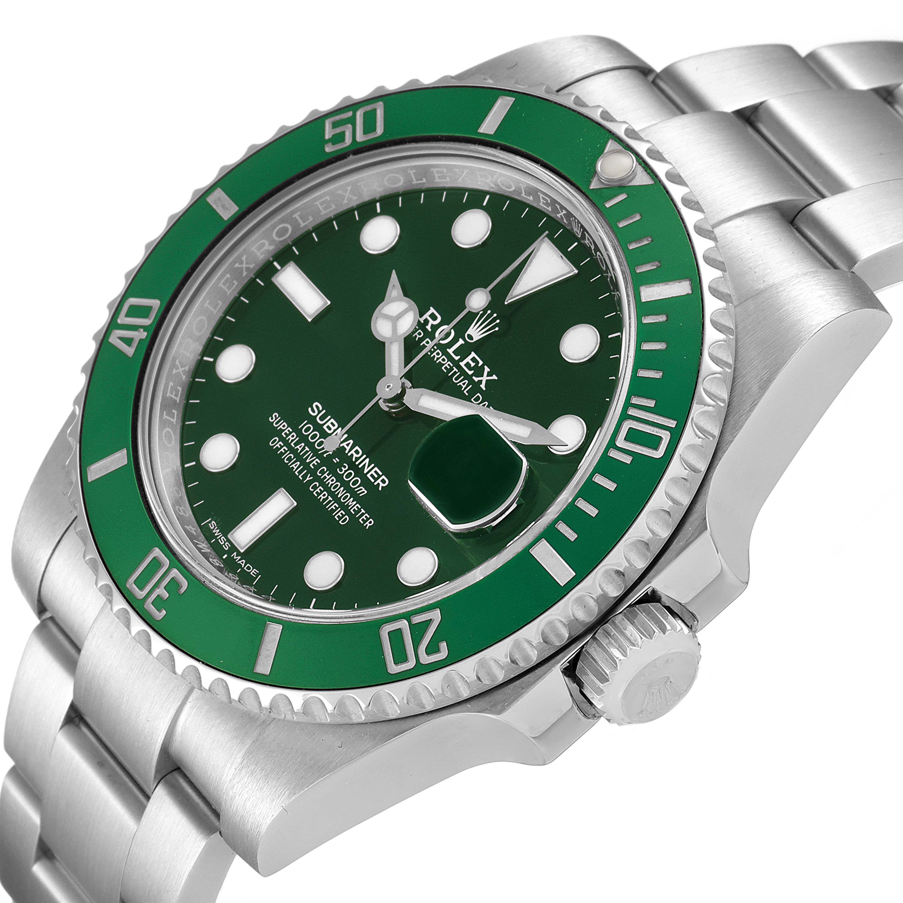 This image shows a close-up side angle of a Rolex Submariner 116610LV Men's Stainless Steel Green Dial 116610LV Men's Stainless Steel Green Dial watch, showcasing its green bezel, dial, and stainless steel bracelet.