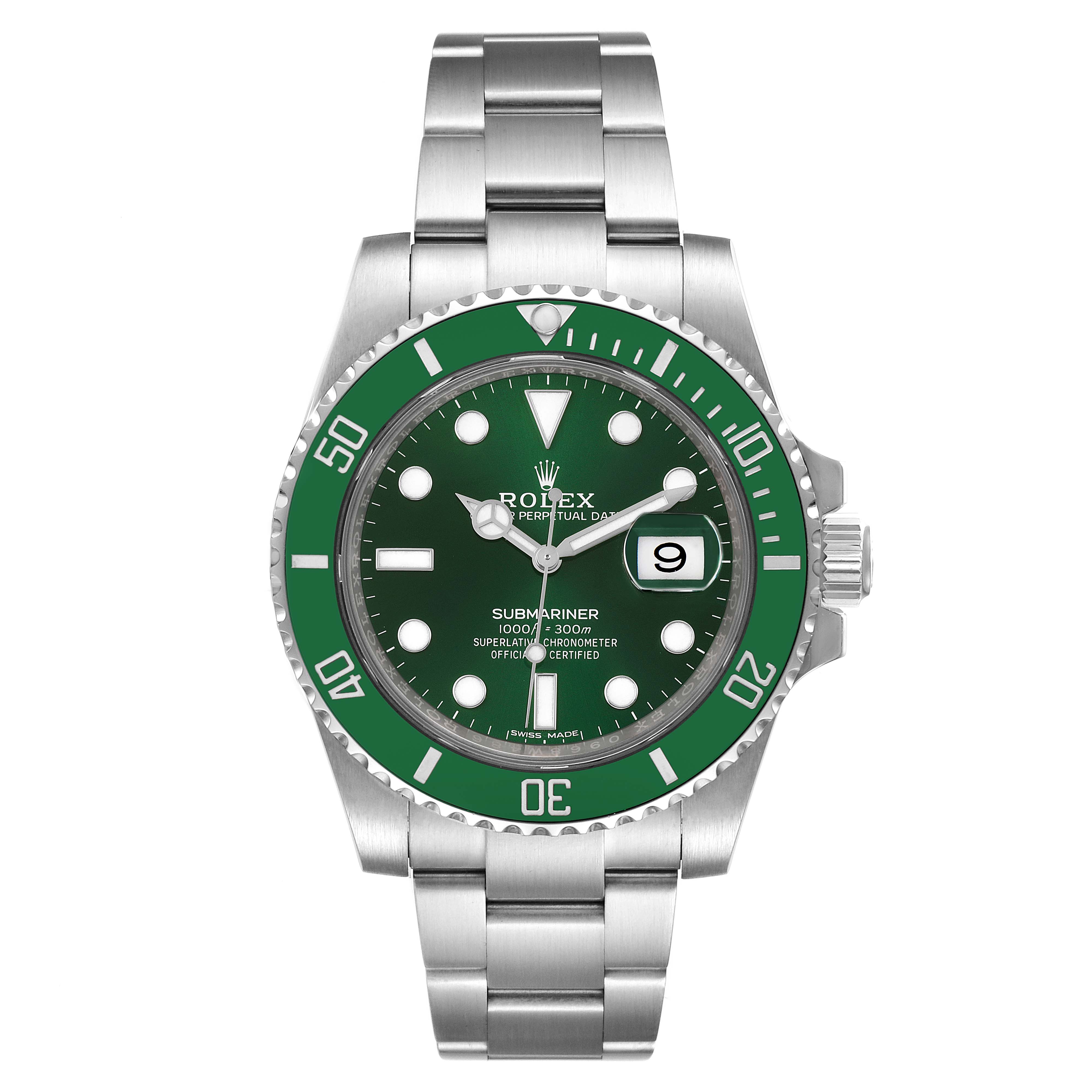 The image shows a front view of a Rolex Submariner 116610LV Men's Stainless Steel Green Dial 116610LV Men's Stainless Steel Green Dial watch with a green bezel, green dial, and stainless steel bracelet.