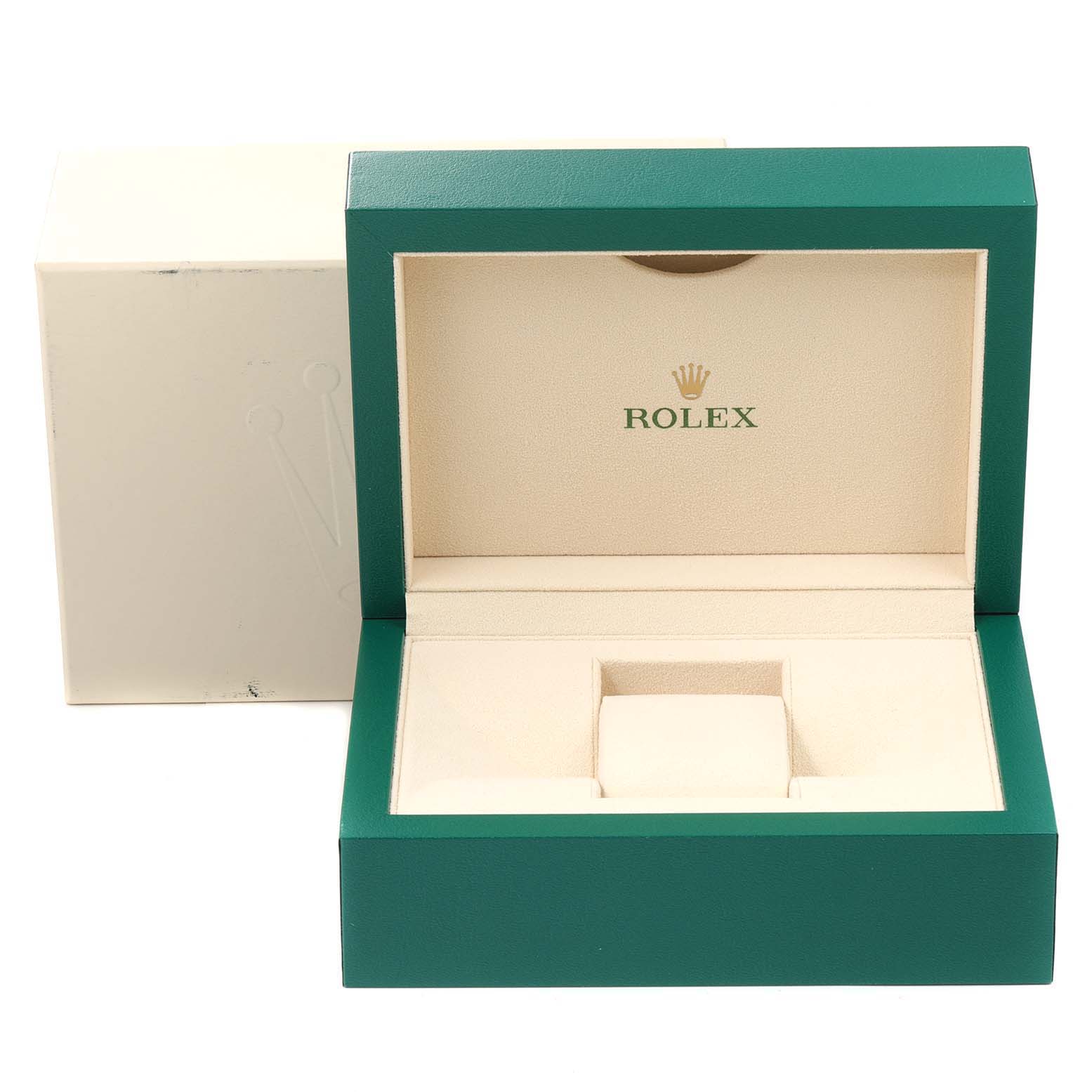 This image shows an open Rolex Submariner 116610LV Men's Stainless Steel Green Dial 116610LV Men's Stainless Steel Green Dial watch box and its outer cardboard box.