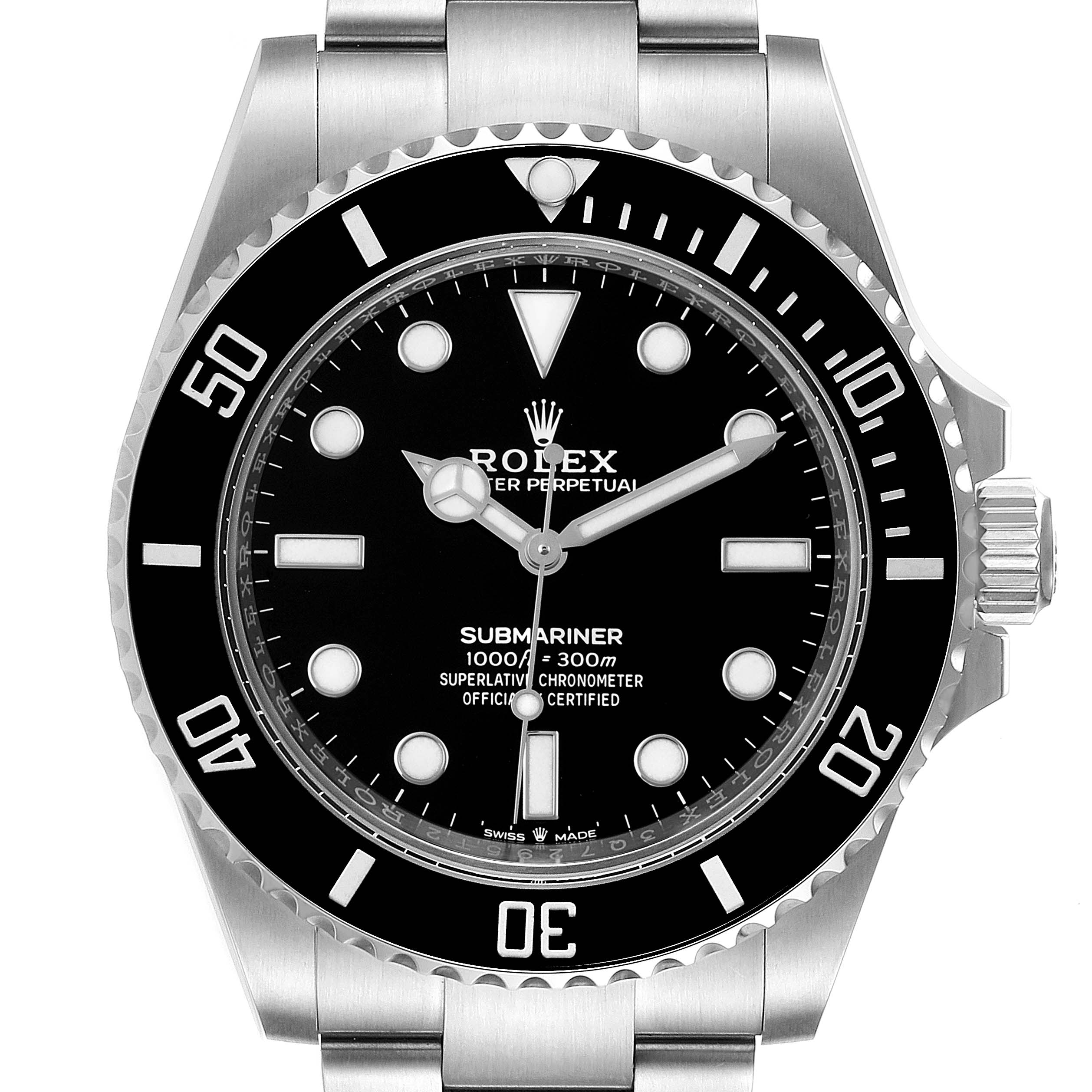 The image shows a front view of the Rolex Submariner 124060 Men's Stainless Steel Black Dial 124060 Men's Stainless Steel Black Dial watch, displaying its bezel, dial, and bracelet.