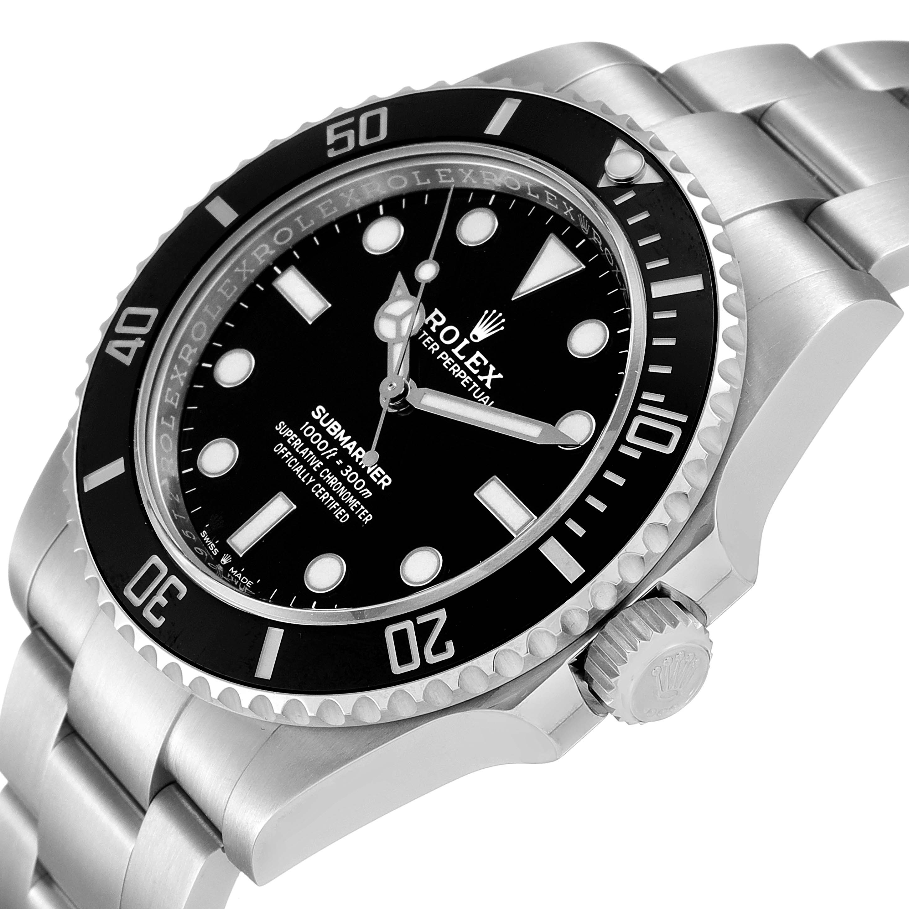 The image shows a side angle of the Rolex Submariner 124060 Men's Stainless Steel Black Dial 124060 Men's Stainless Steel Black Dial watch, highlighting the dial, bezel, crown, and part of the bracelet.