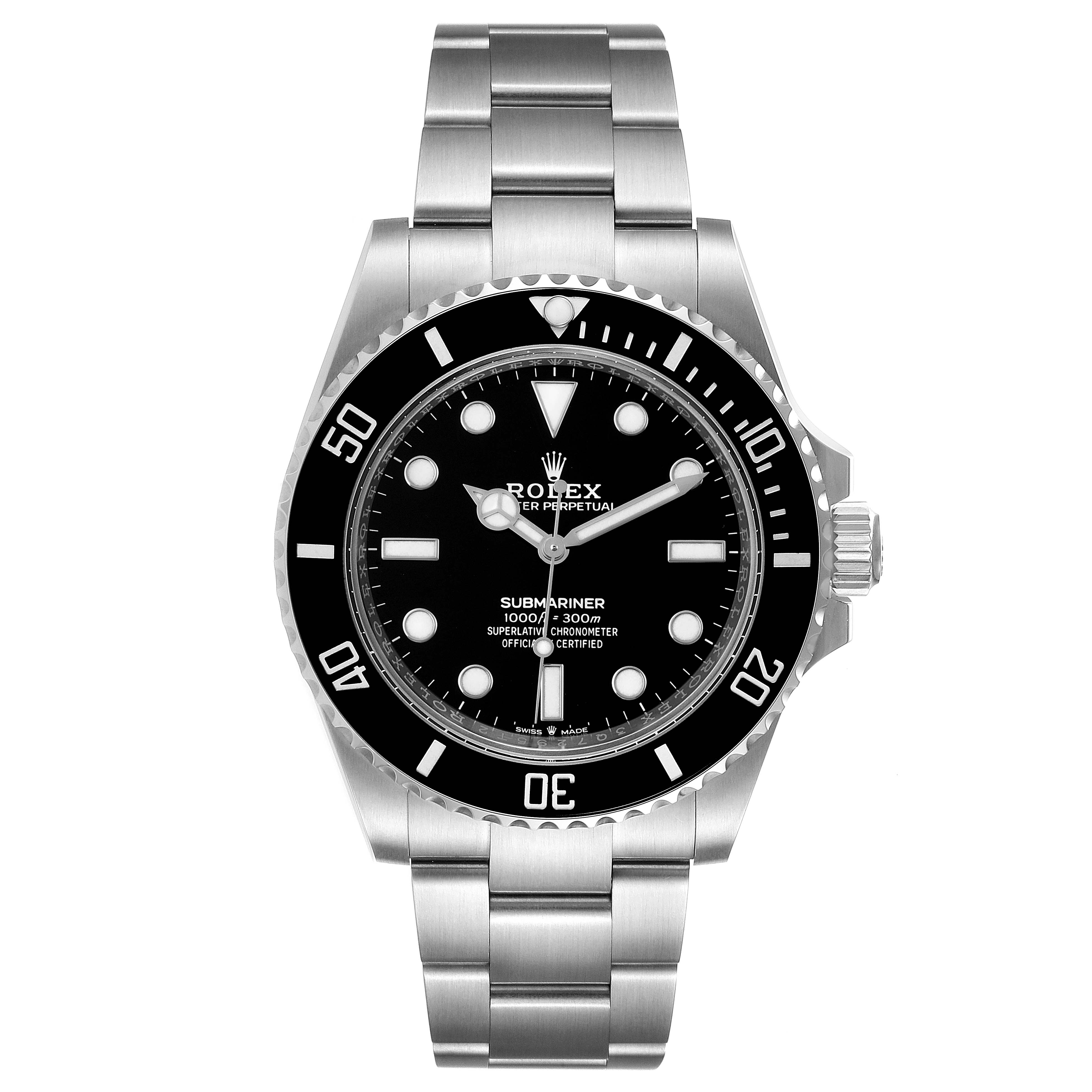 This is a front view of a Rolex Submariner 124060 Men's Stainless Steel Black Dial 124060 Men's Stainless Steel Black Dial, showing the dial, bezel, crown, and bracelet.