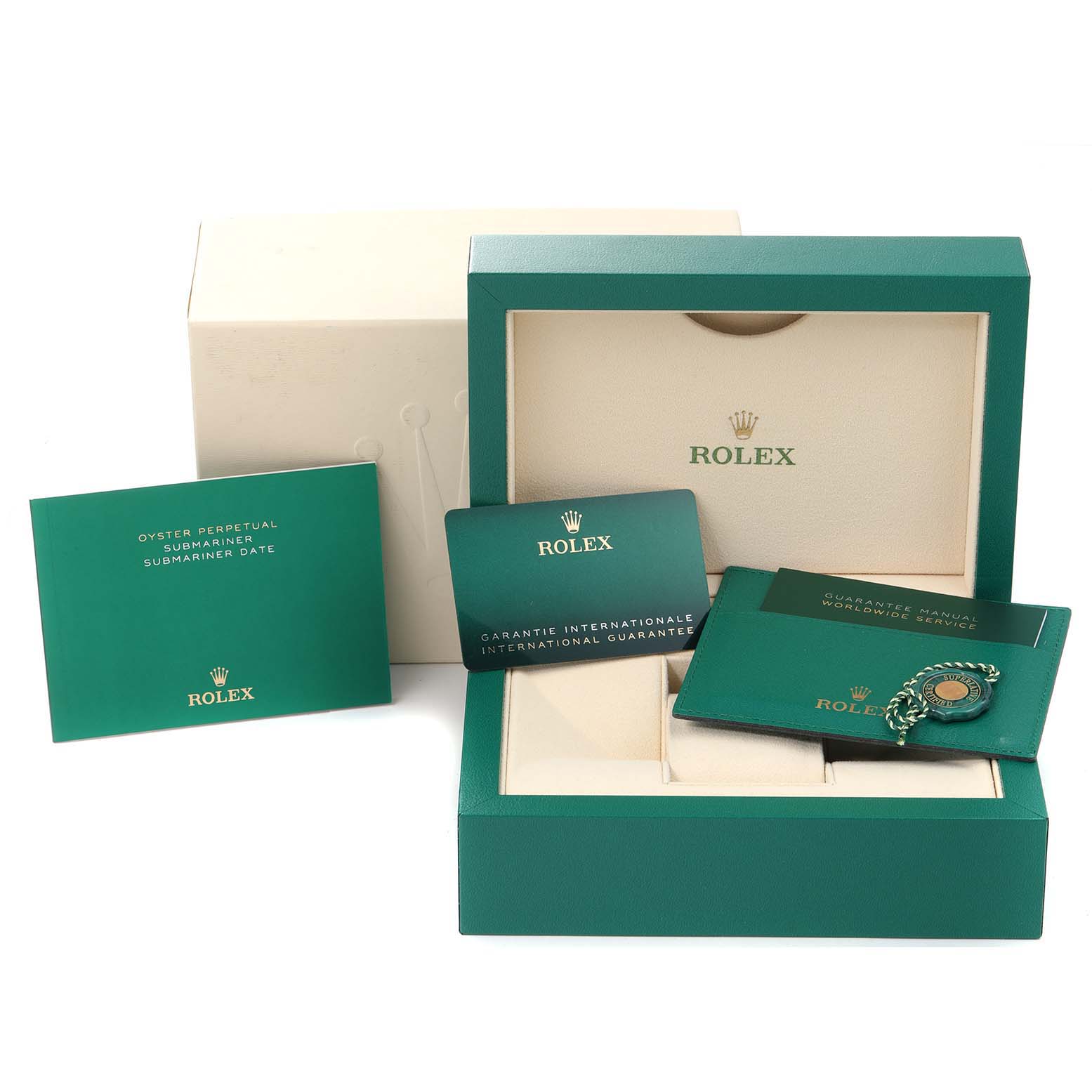 The image shows accessories for a Rolex Submariner 124060 Men's Stainless Steel Black Dial 124060 Men's Stainless Steel Black Dial, including the box, manuals, and warranty cards.