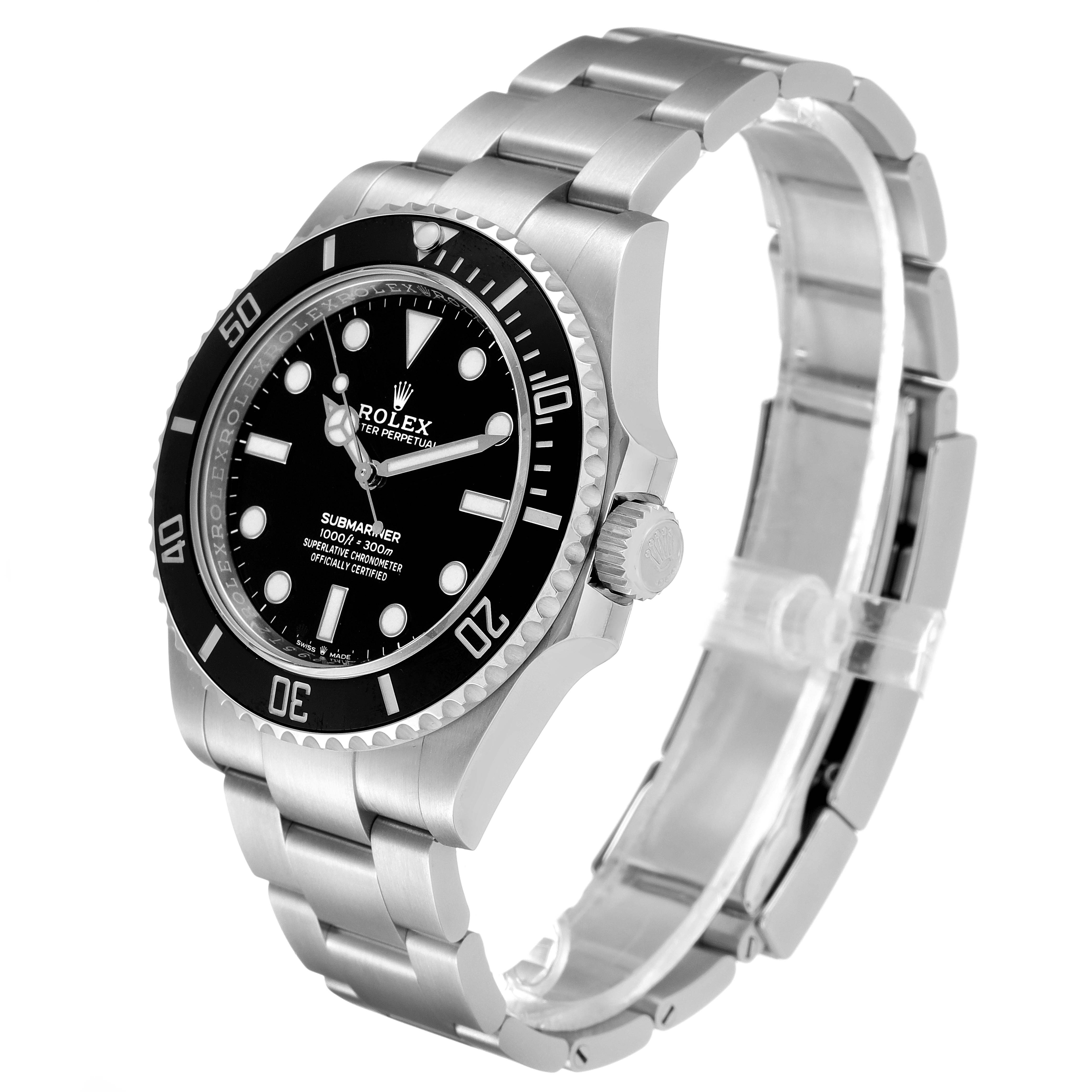 The Rolex Submariner 124060 Men's Stainless Steel Black Dial 124060 Men's Stainless Steel Black Dial watch is shown at an angle showcasing the dial, bezel, crown, and part of the bracelet.