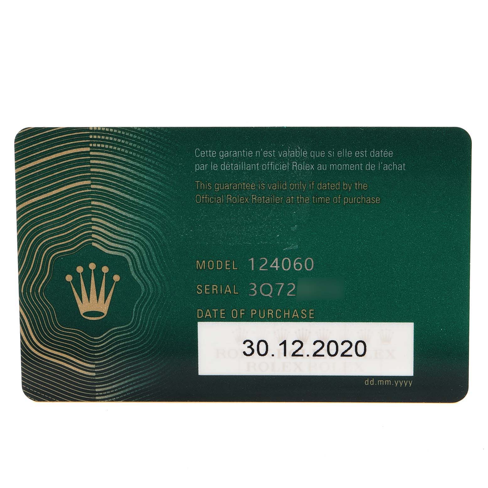 This image shows the warranty card of a Rolex Submariner 124060 Men's Stainless Steel Black Dial 124060 Men's Stainless Steel Black Dial model 124060 with purchase date 30.12.2020.