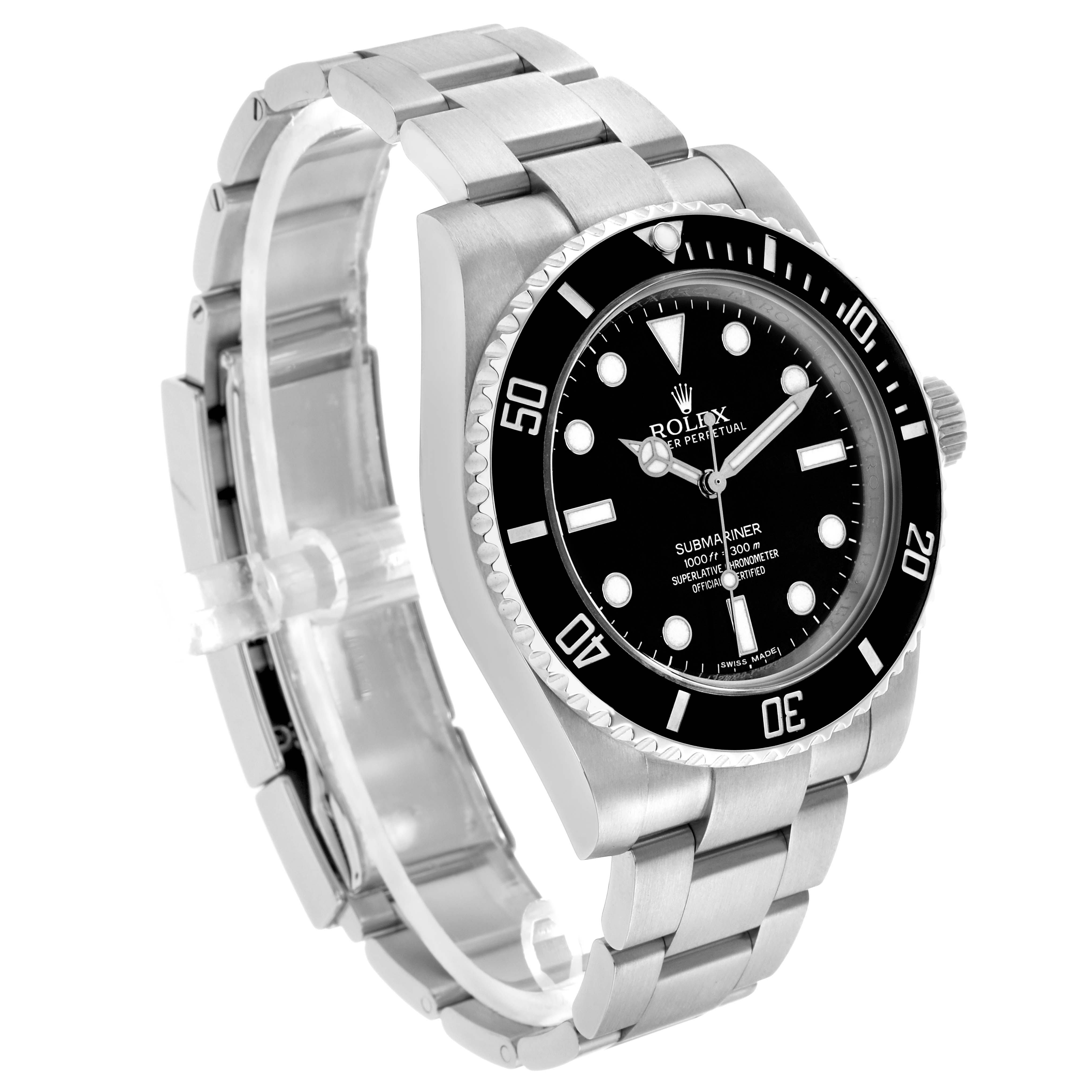 The image shows a side angle view of a Rolex Submariner 114060 Men's Stainless Steel Black Dial, highlighting the case, bezel, bracelet, and dial.