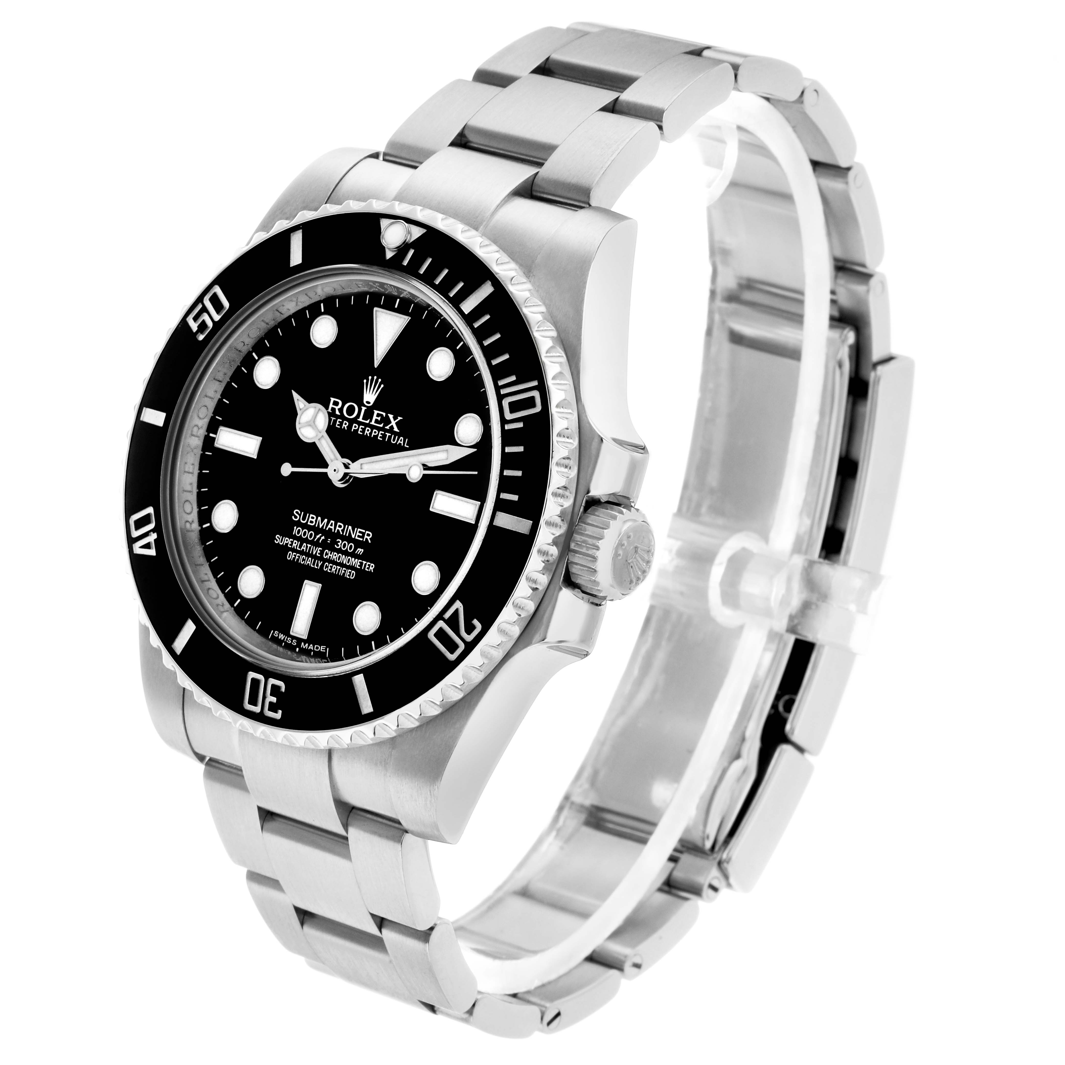 The Rolex Submariner 114060 Men's Stainless Steel Black Dial watch is shown at an angled view, highlighting the face, bezel, crown, and bracelet.