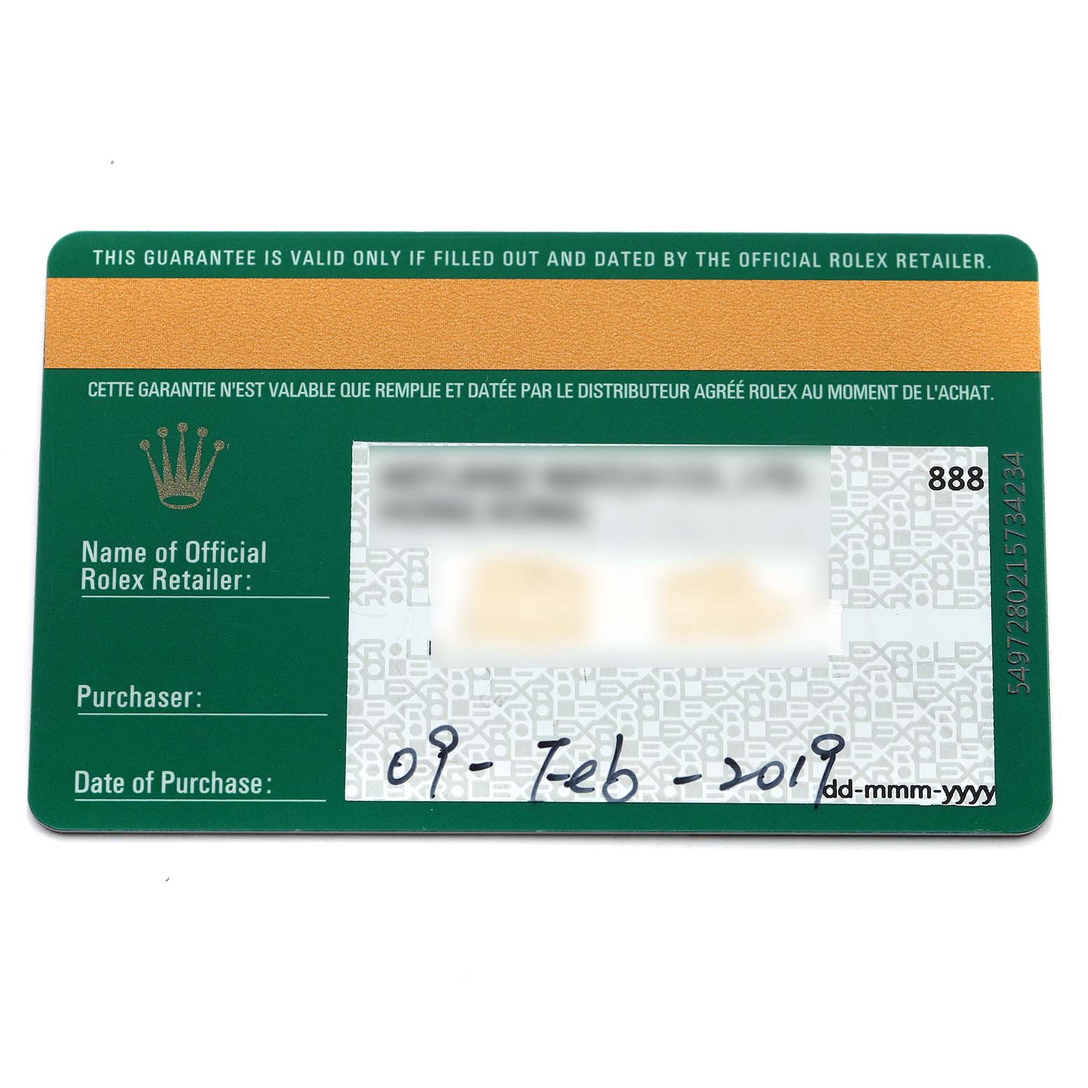 The image shows an official Rolex warranty card for a Submariner model, including purchase details and retailer information.